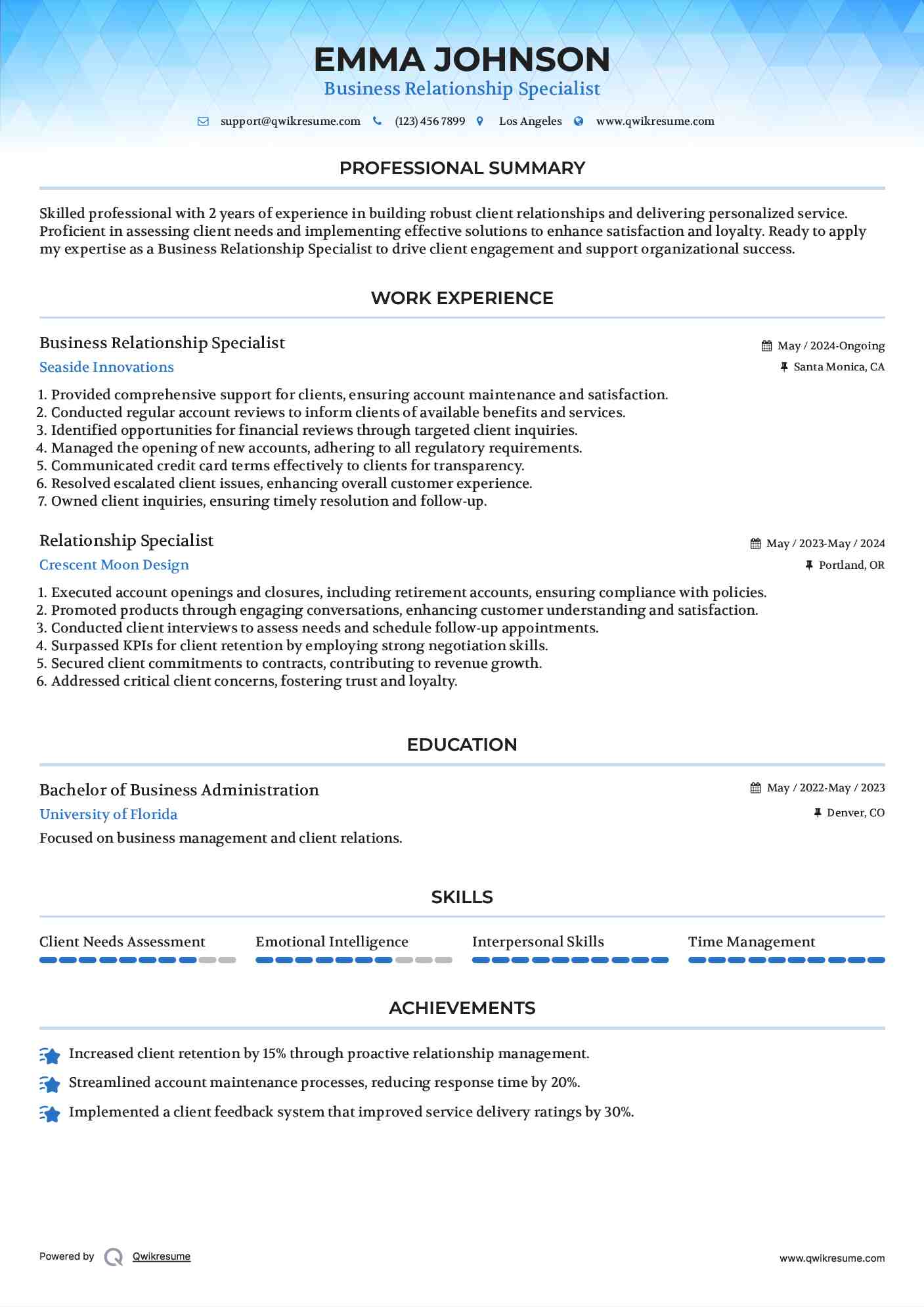 Business Relationship Specialist Resume Sample