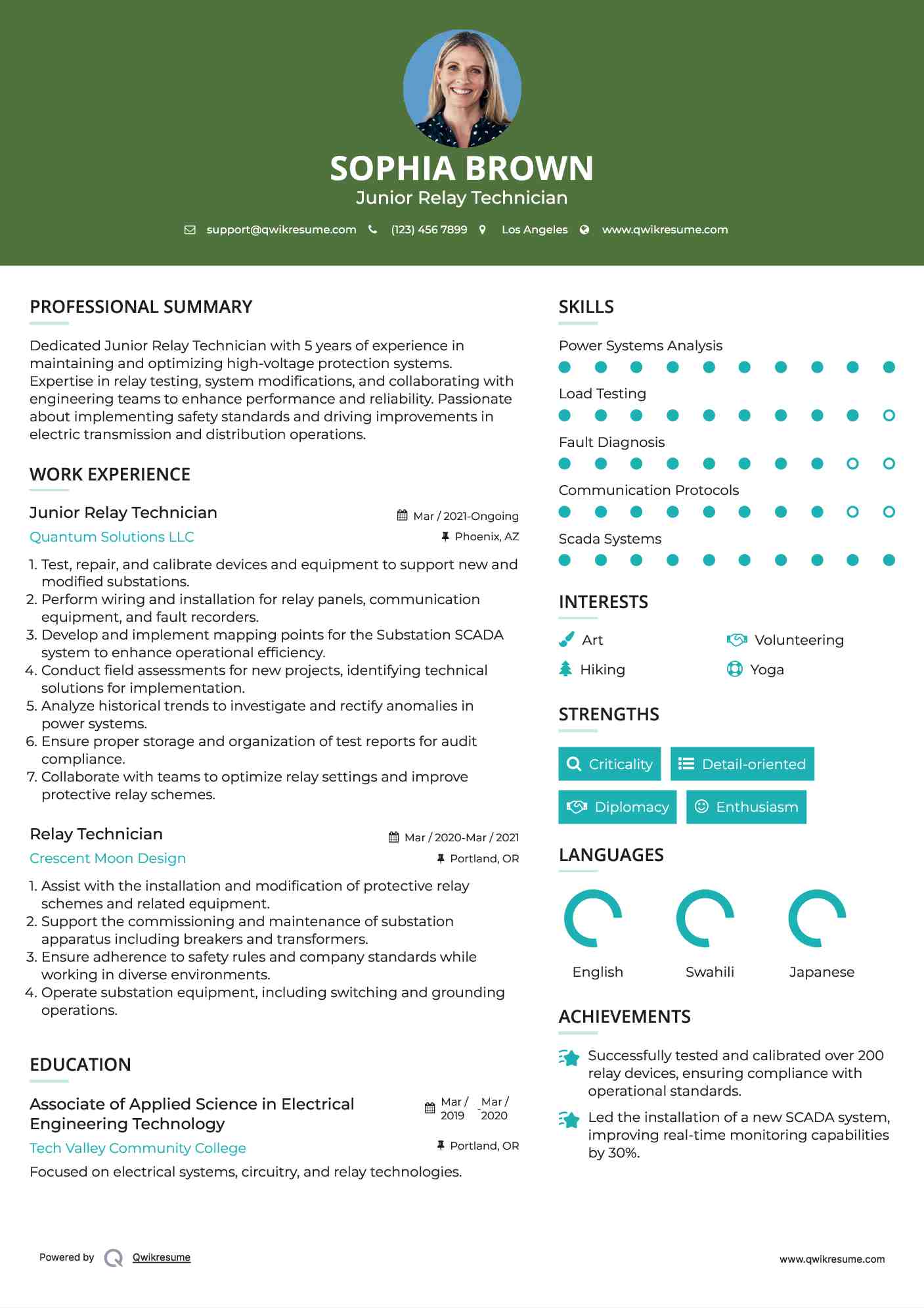 Junior Relay Technician Resume Model