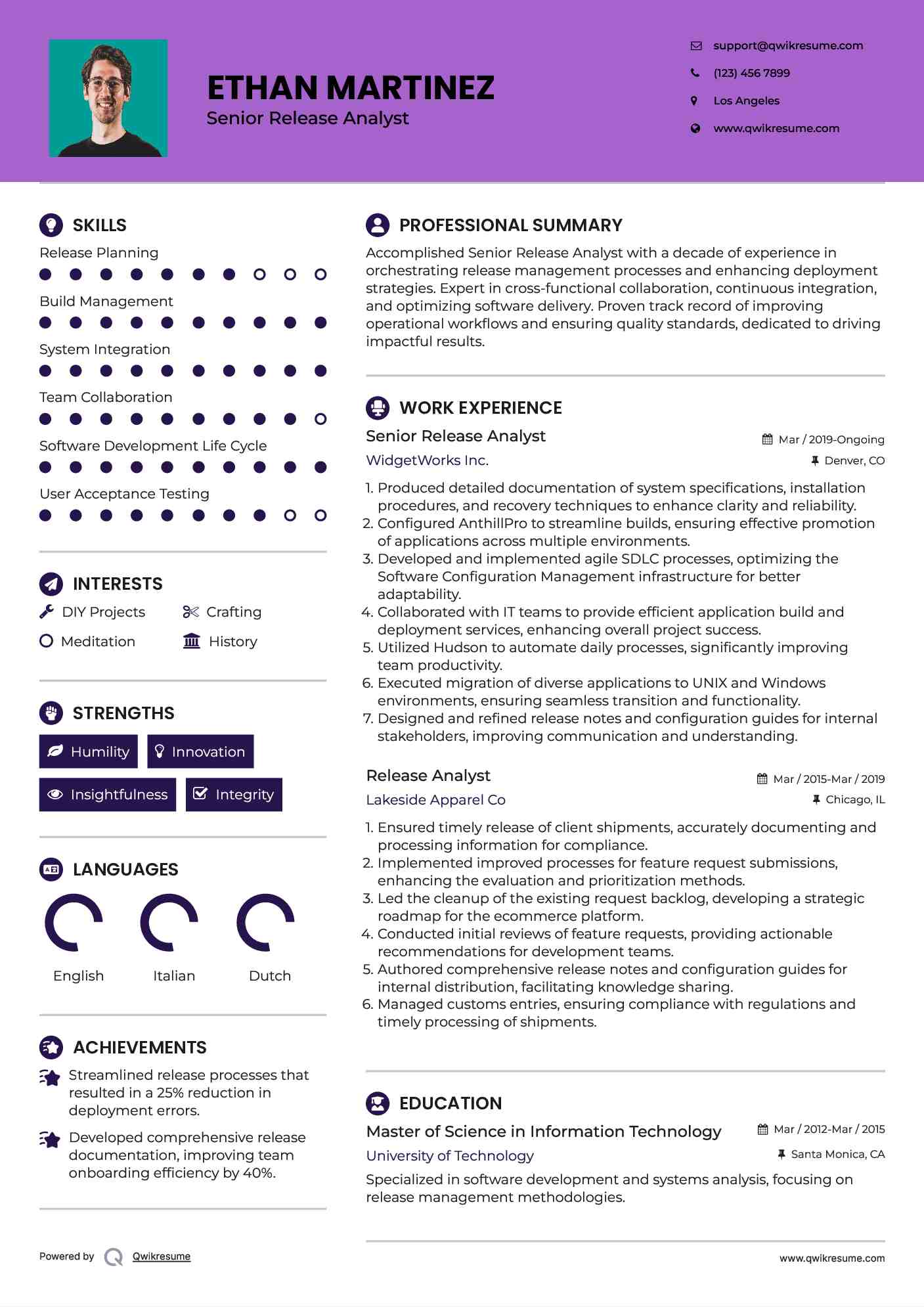 Senior Release Analyst Resume Example
