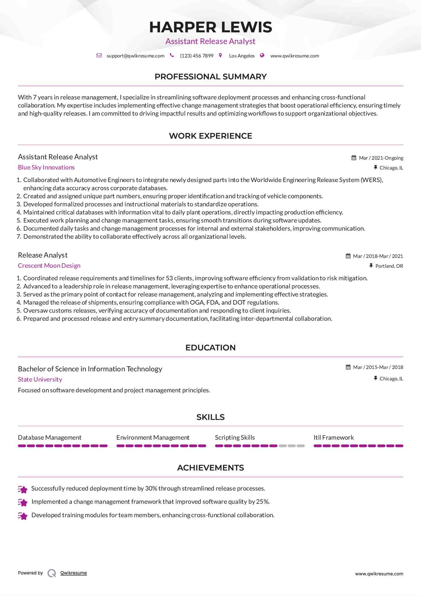 Assistant Release Analyst Resume Model