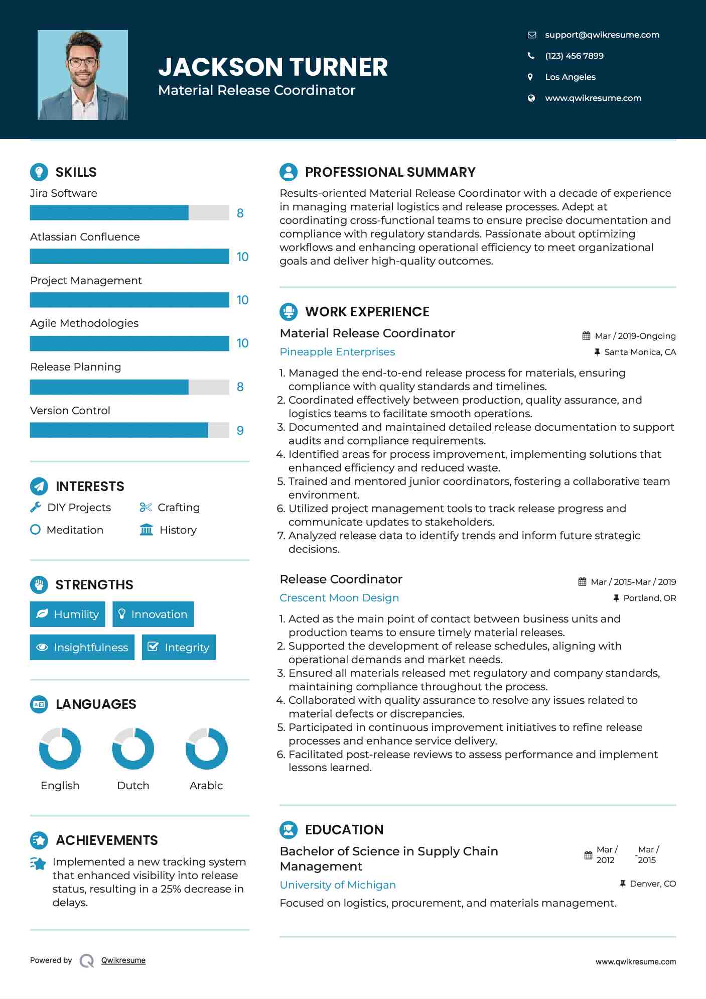 Material Release Coordinator
 Resume Example
