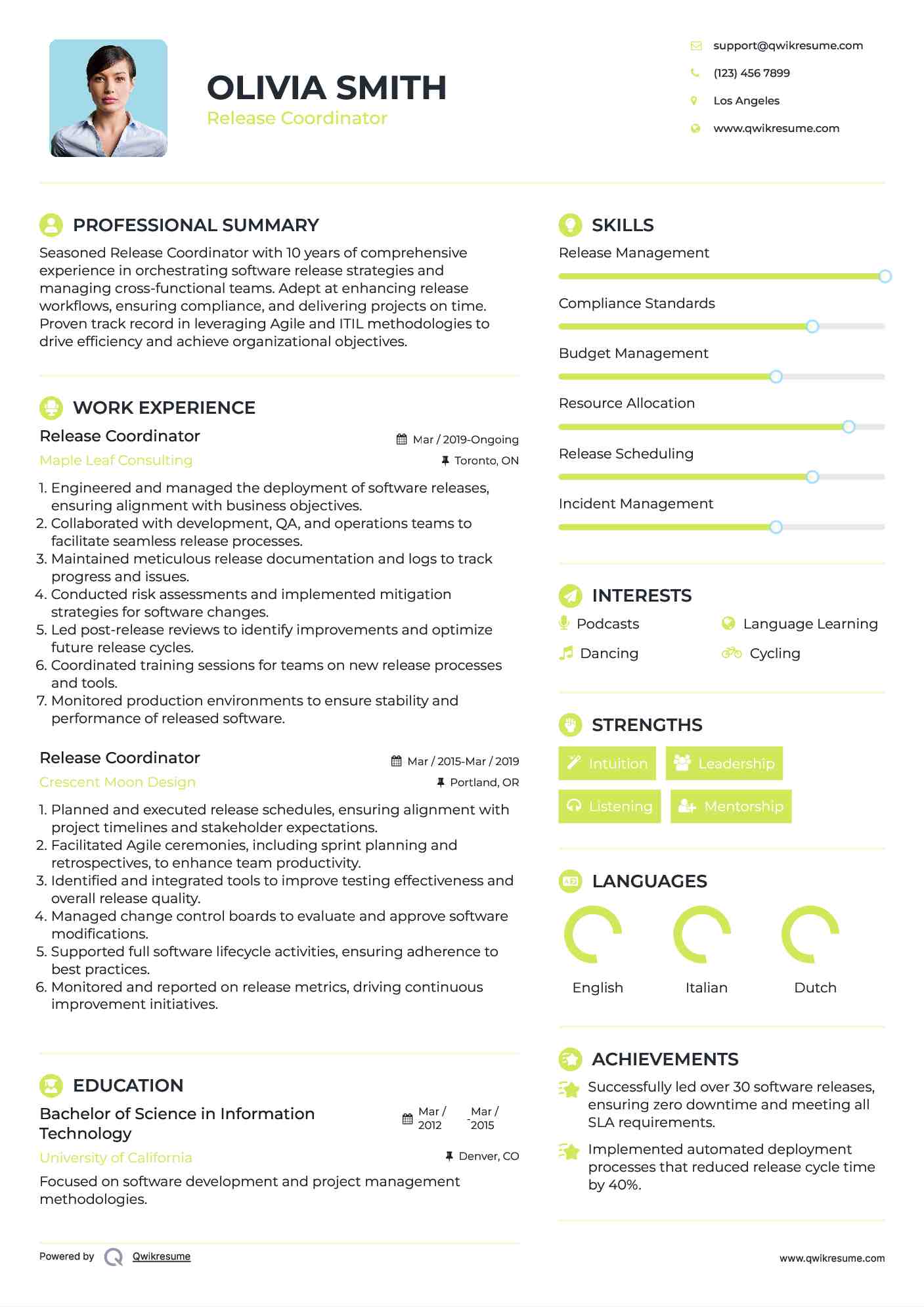 Release Coordinator Resume Sample