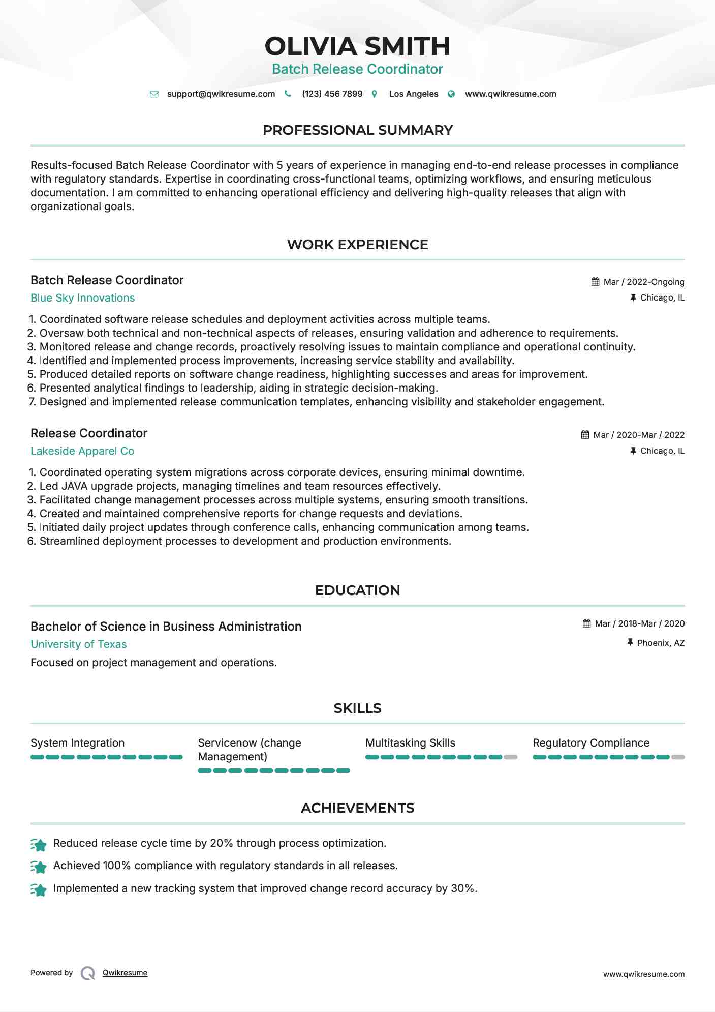 Batch Release Coordinator  Resume Model