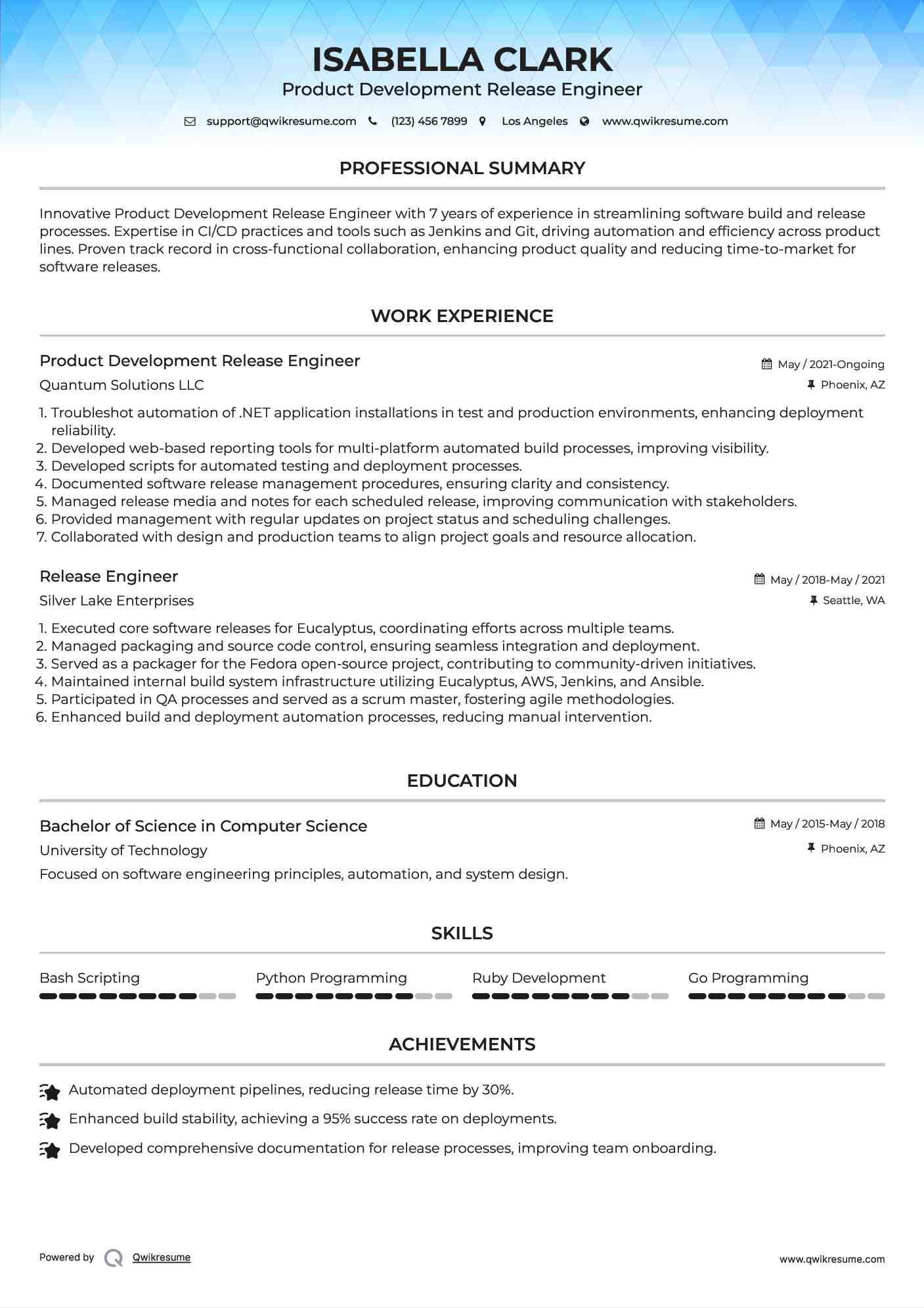 Product Development Release Engineer Resume Example