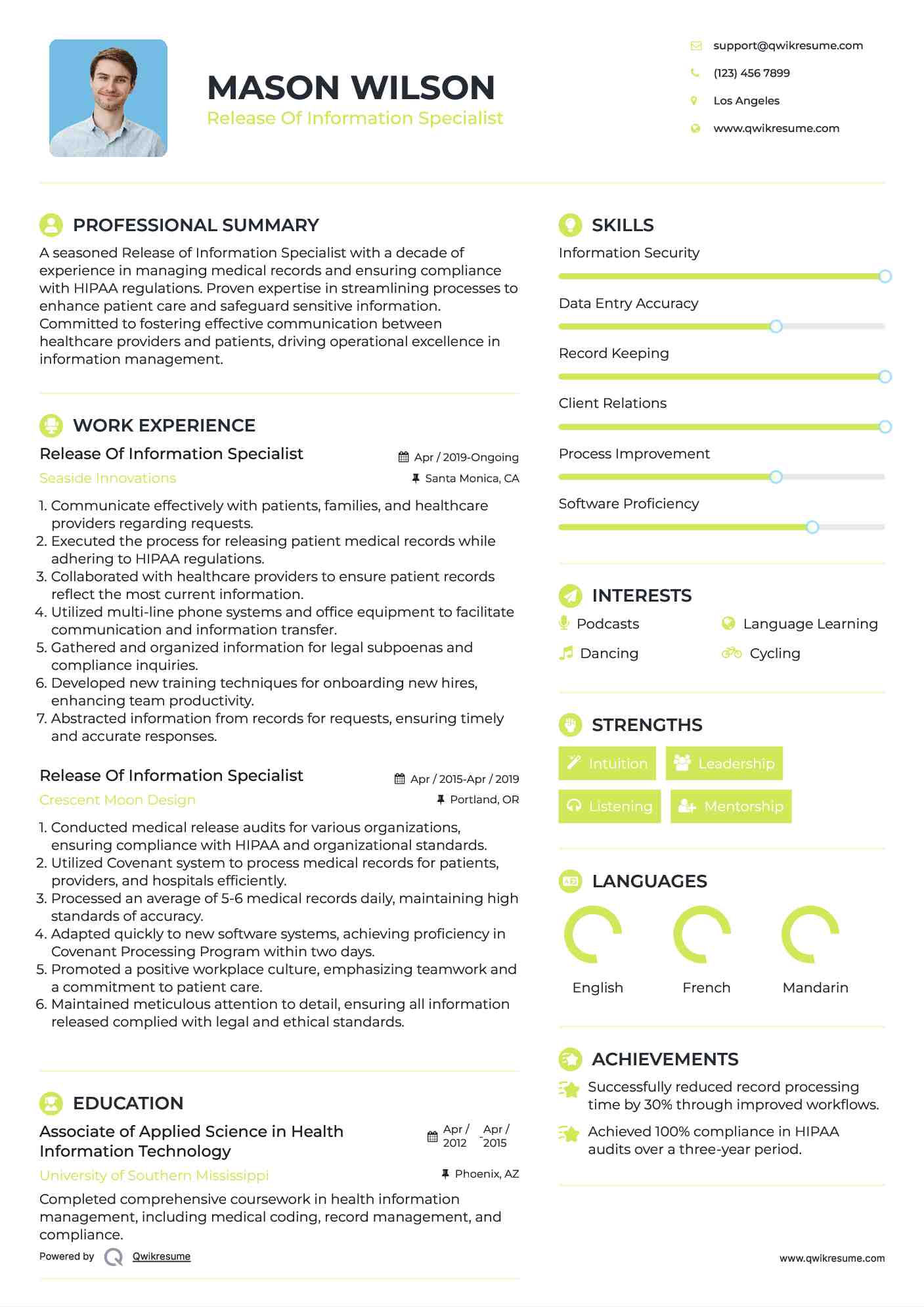 Release Of Information Specialist Resume Template