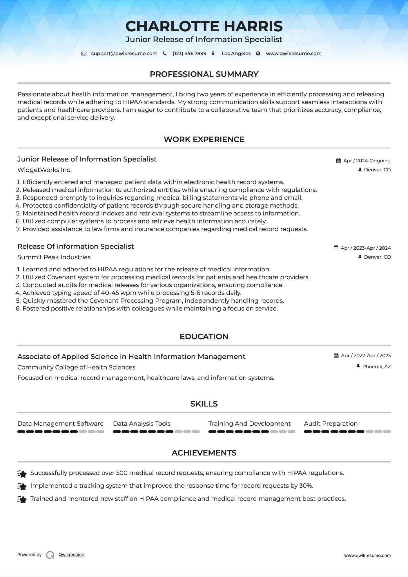 Junior Release of Information Specialist Resume Example