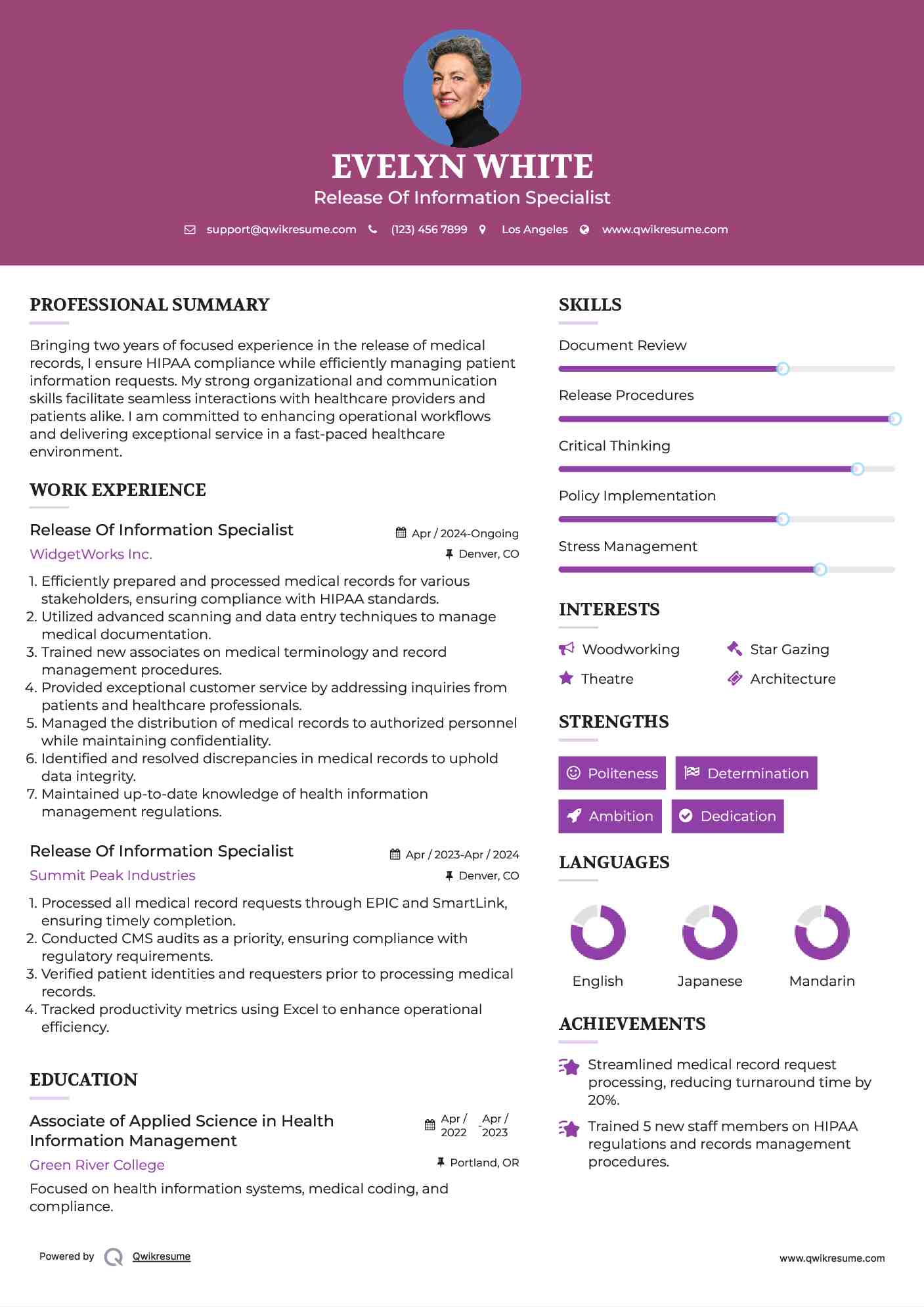 Release Of Information Specialist Resume Sample