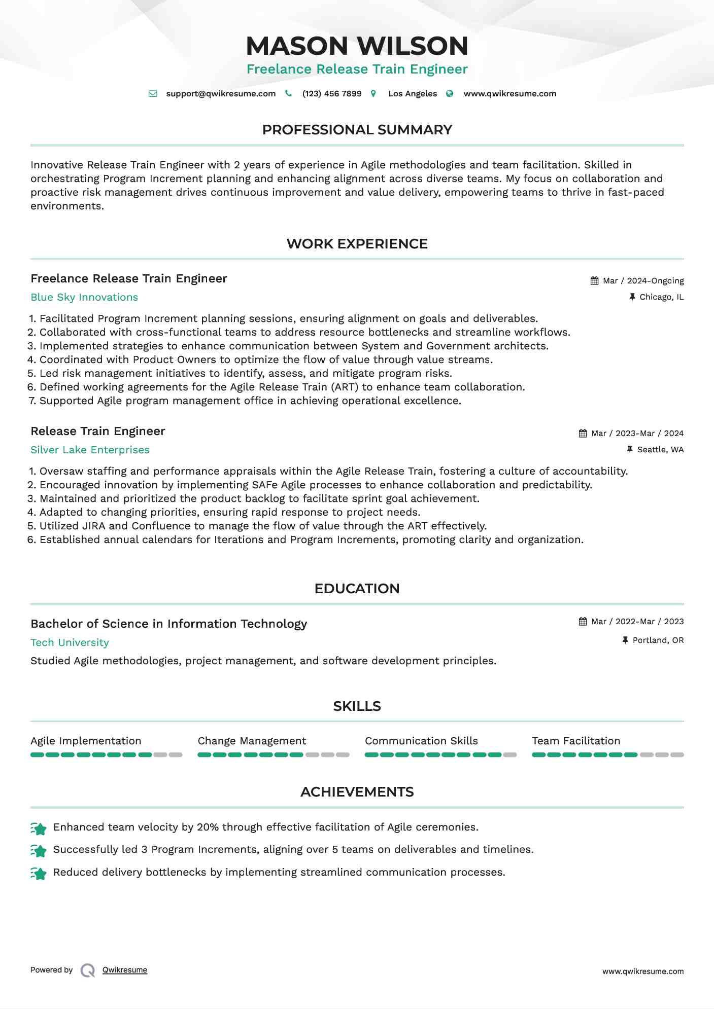 Freelance Release Train Engineer Resume Format