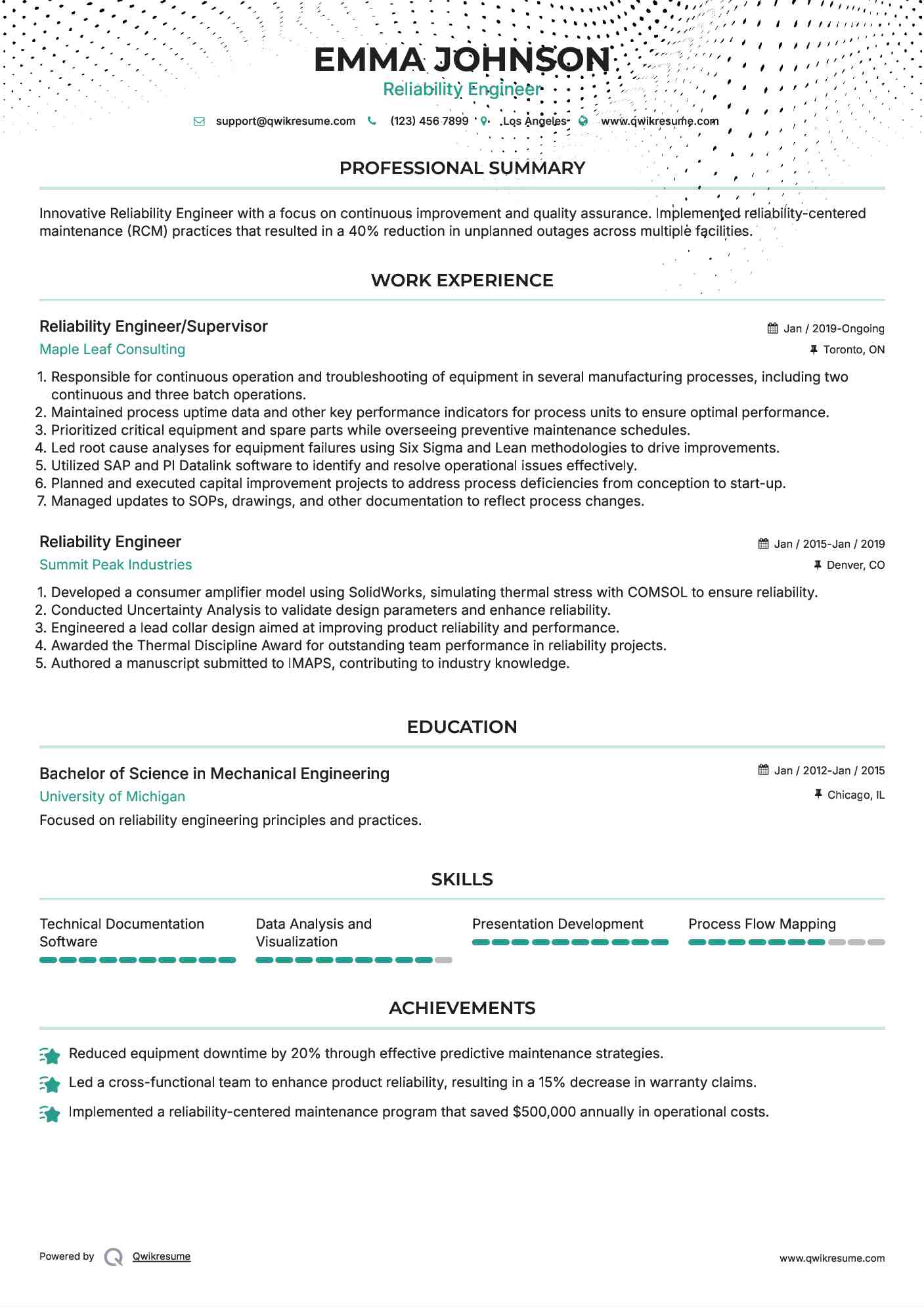 Reliability Engineer/Supervisor Resume Sample