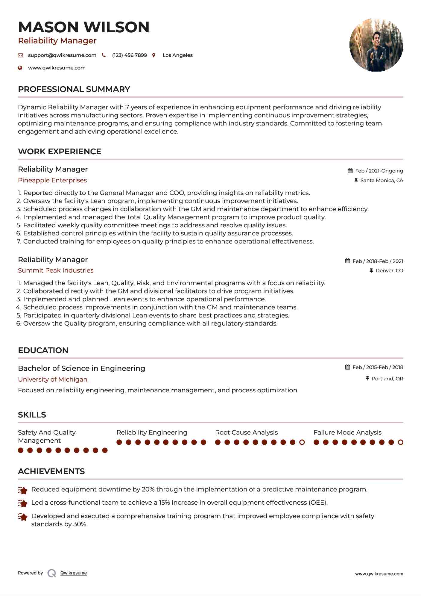 Reliability Manager Resume Format