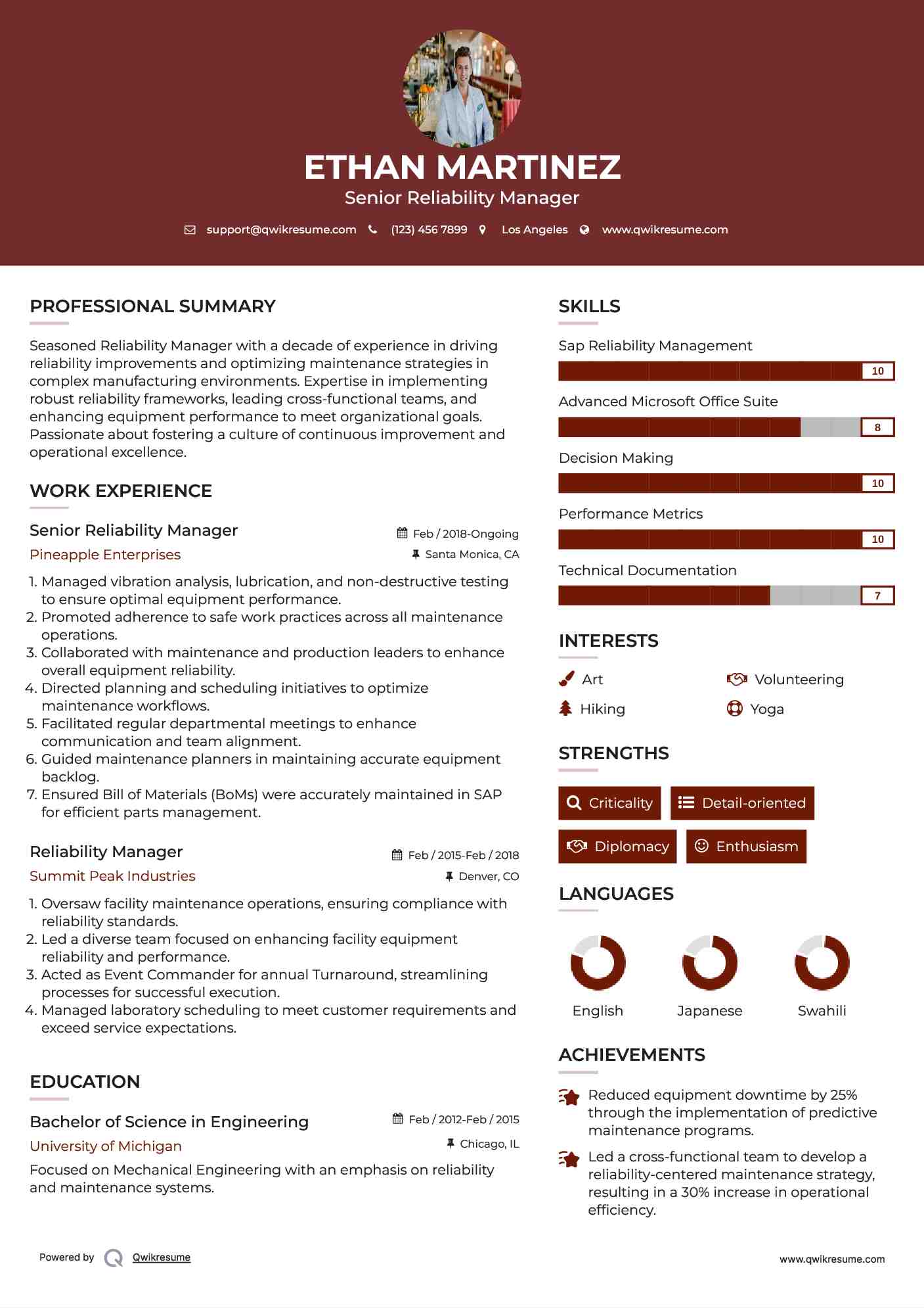 Senior Reliability Manager Resume Sample