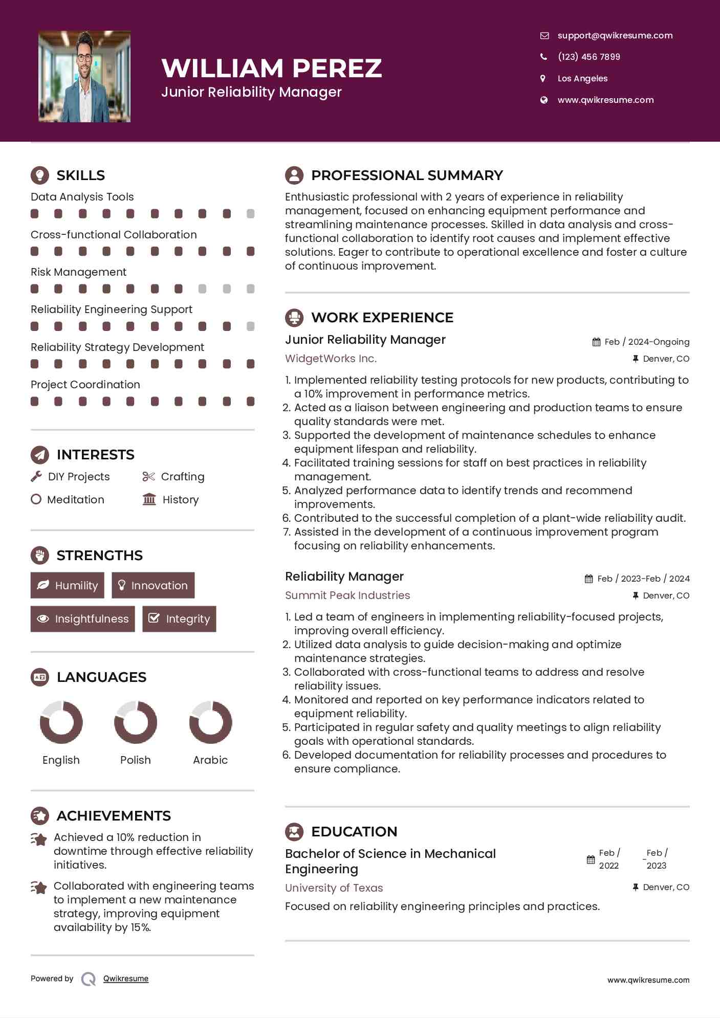 Junior Reliability Manager Resume Sample