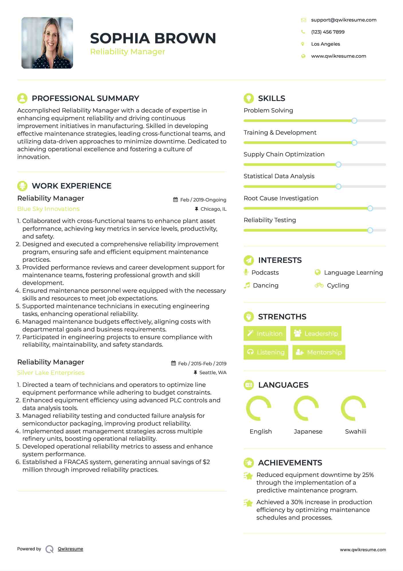 Reliability Manager Resume Example