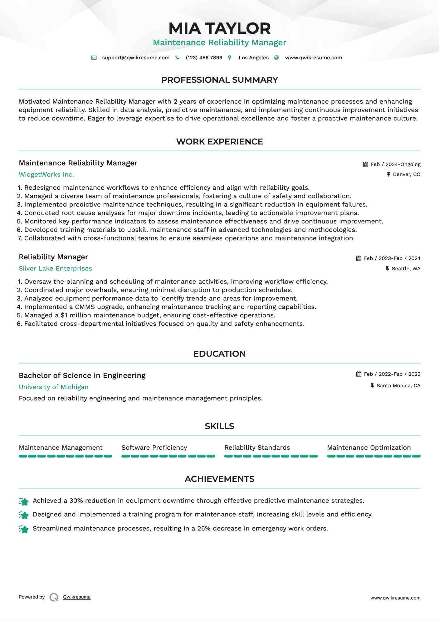 Maintenance Reliability Manager Resume Example