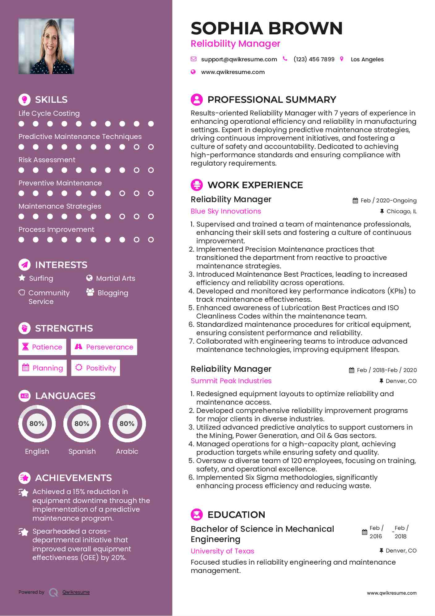 Reliability Manager Resume Example