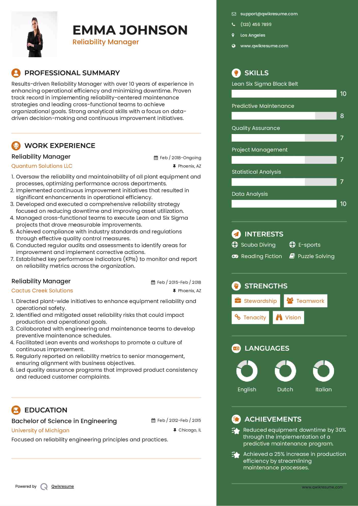 Reliability Manager Resume Example