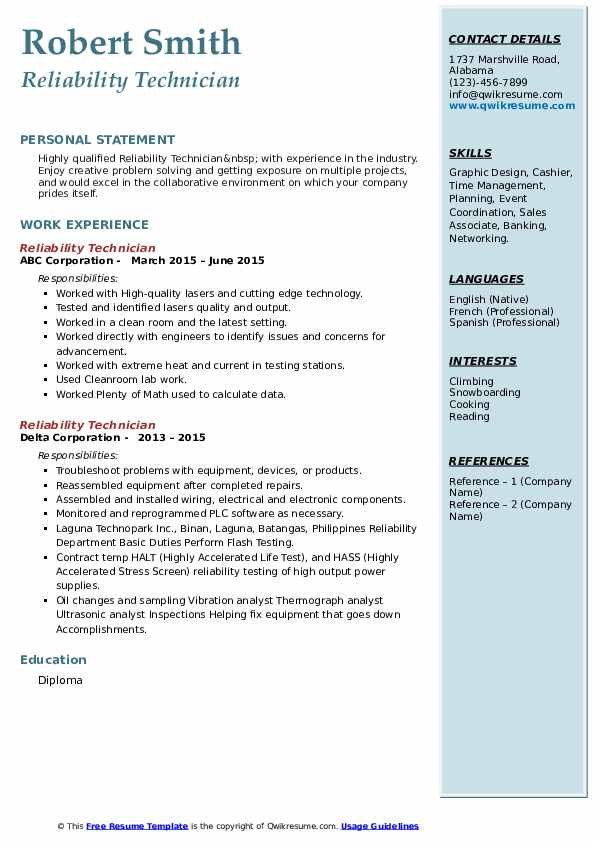 Reliability Technician Resume Samples | QwikResume
