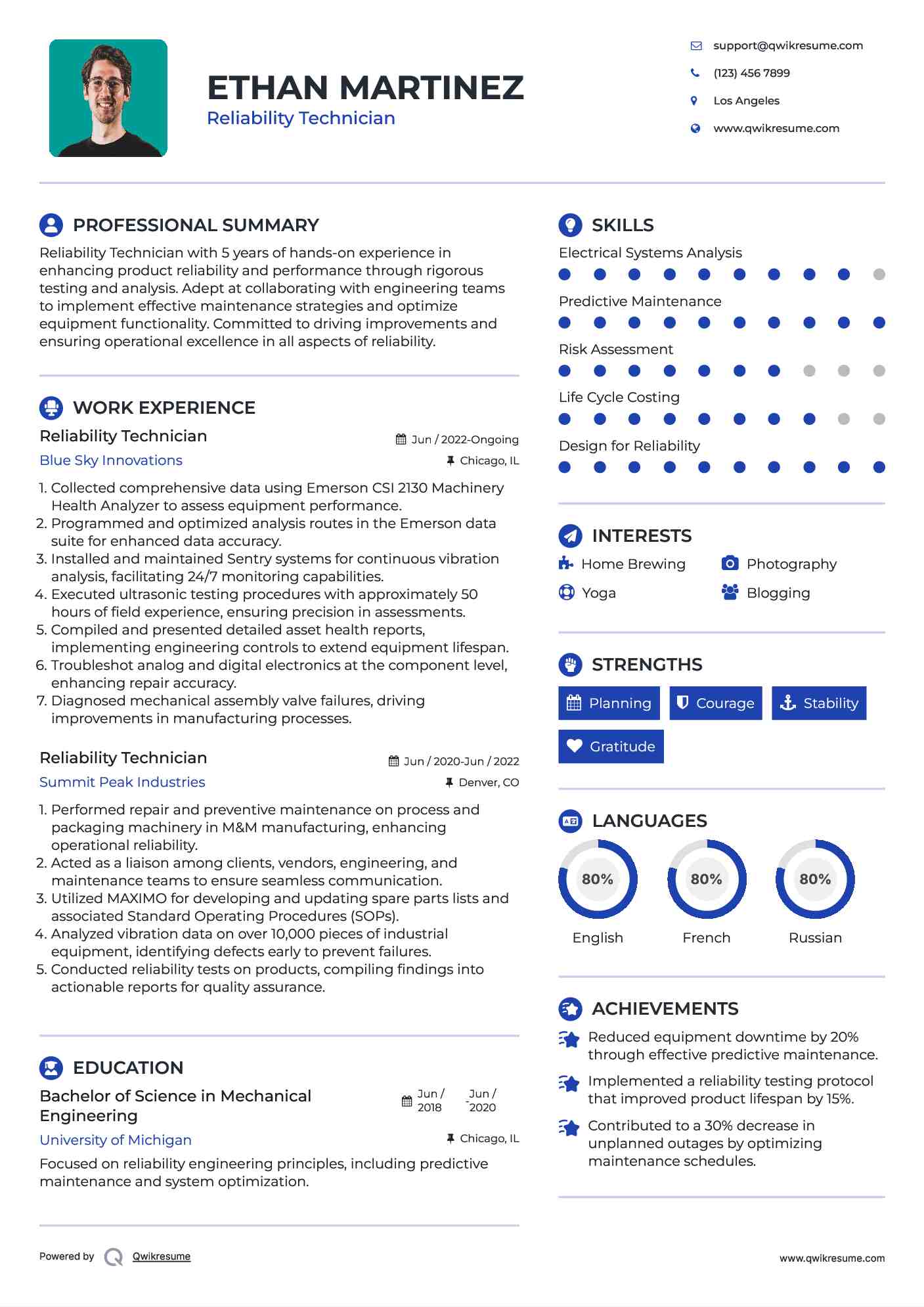 Reliability Technician Resume Example