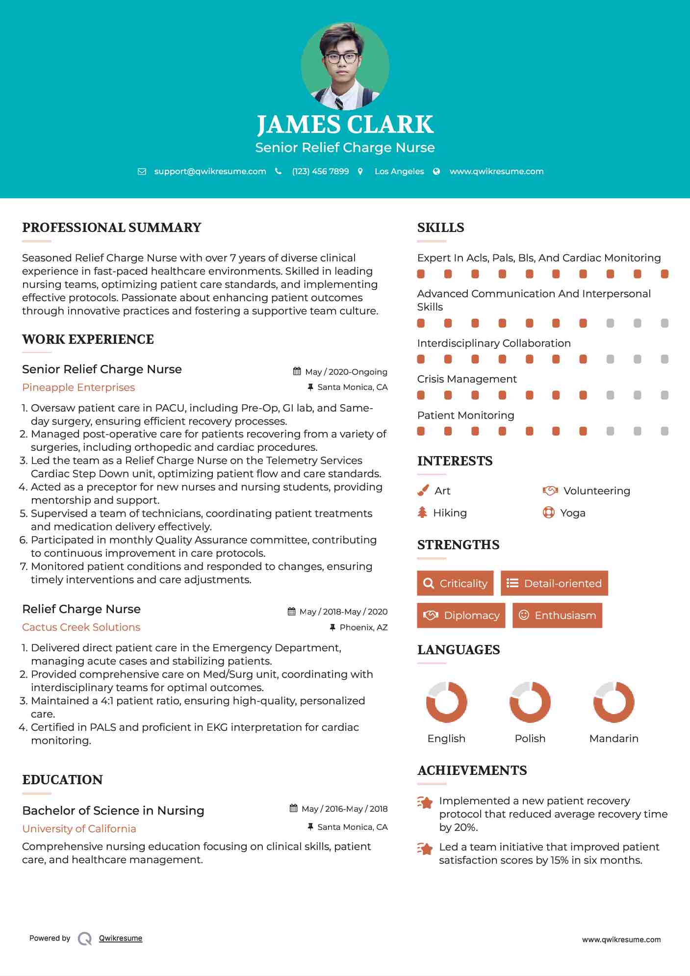 Senior Relief Charge Nurse  Resume Sample