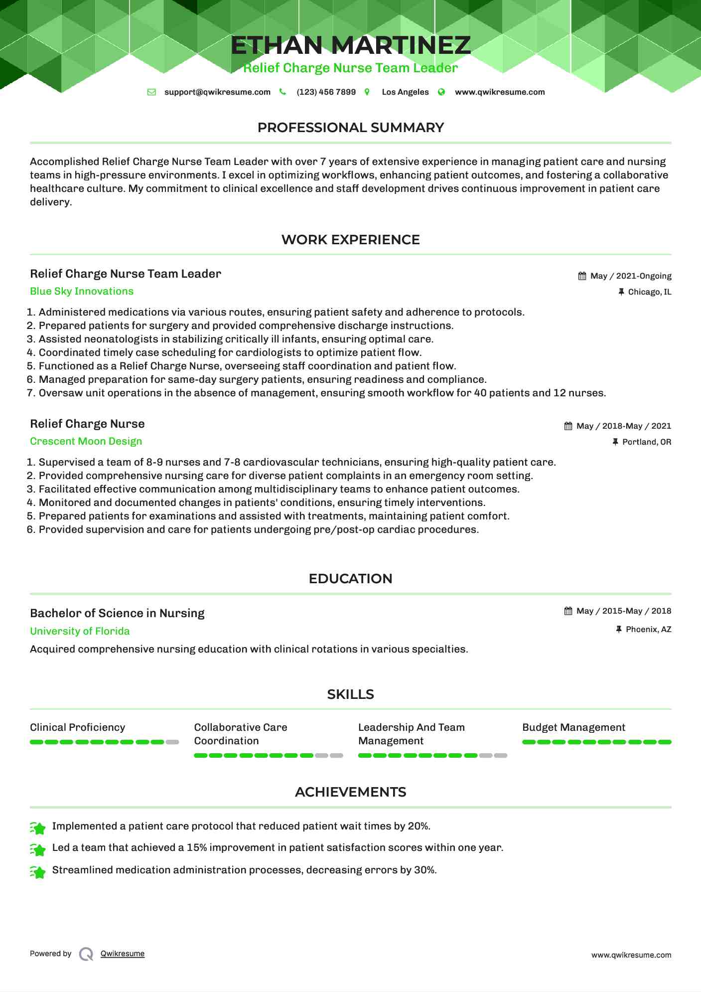 Relief Charge Nurse Team Leader Resume Sample