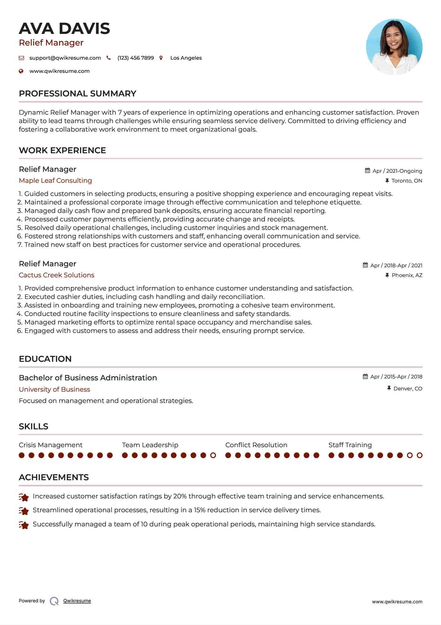 Relief Manager Resume Sample