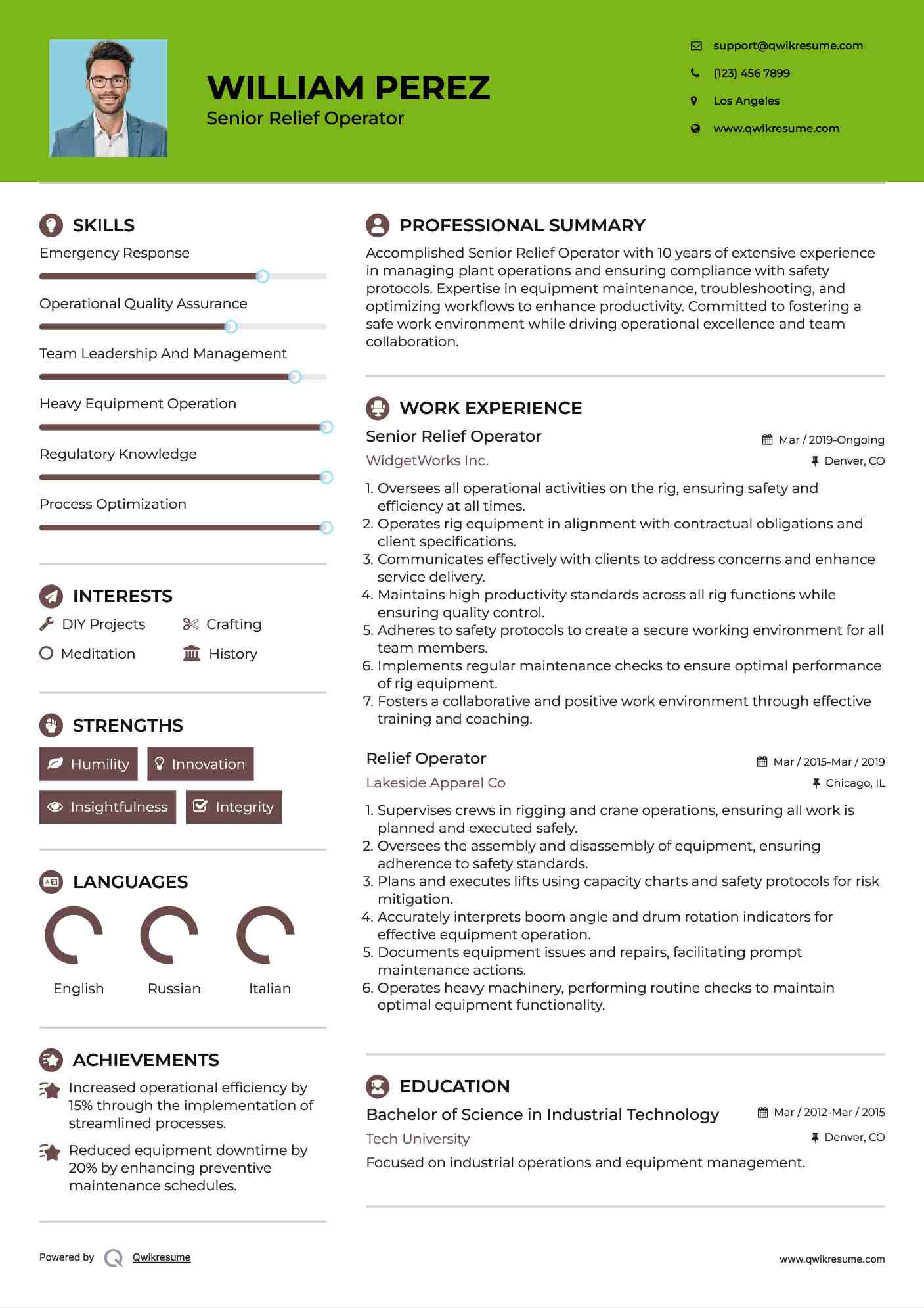 Senior Relief Operator Resume Template