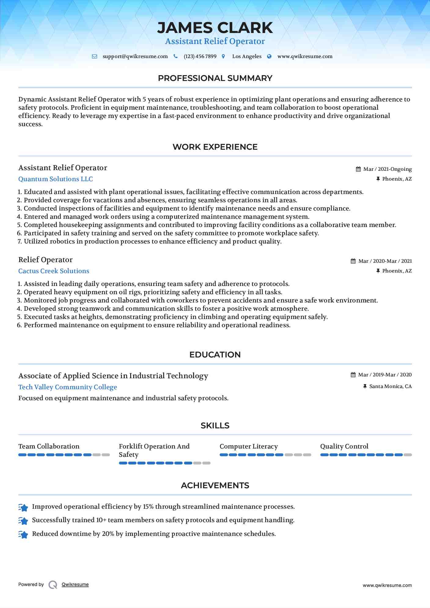 Assistant Relief Operator Resume Model