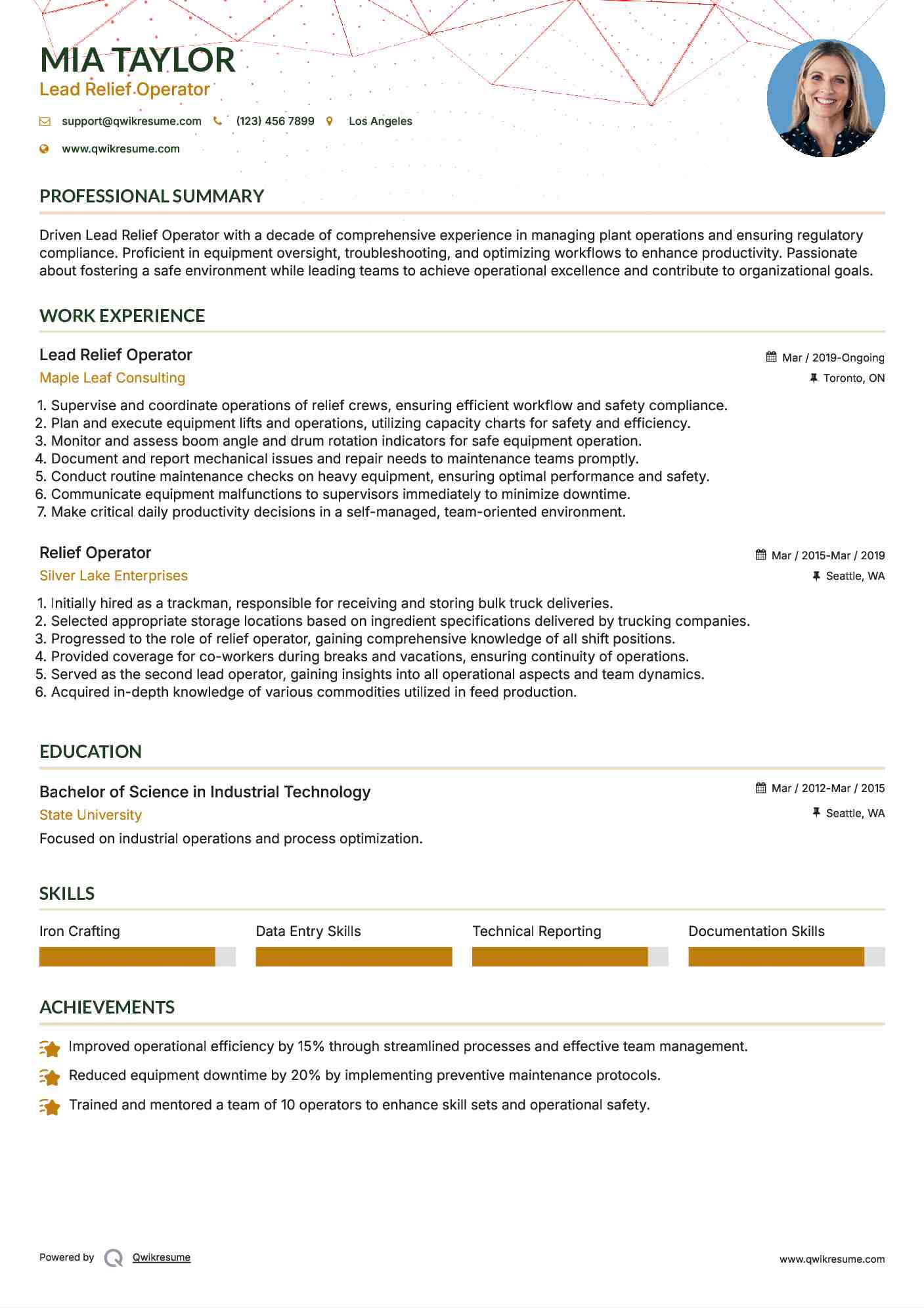 Lead Relief Operator Resume Model