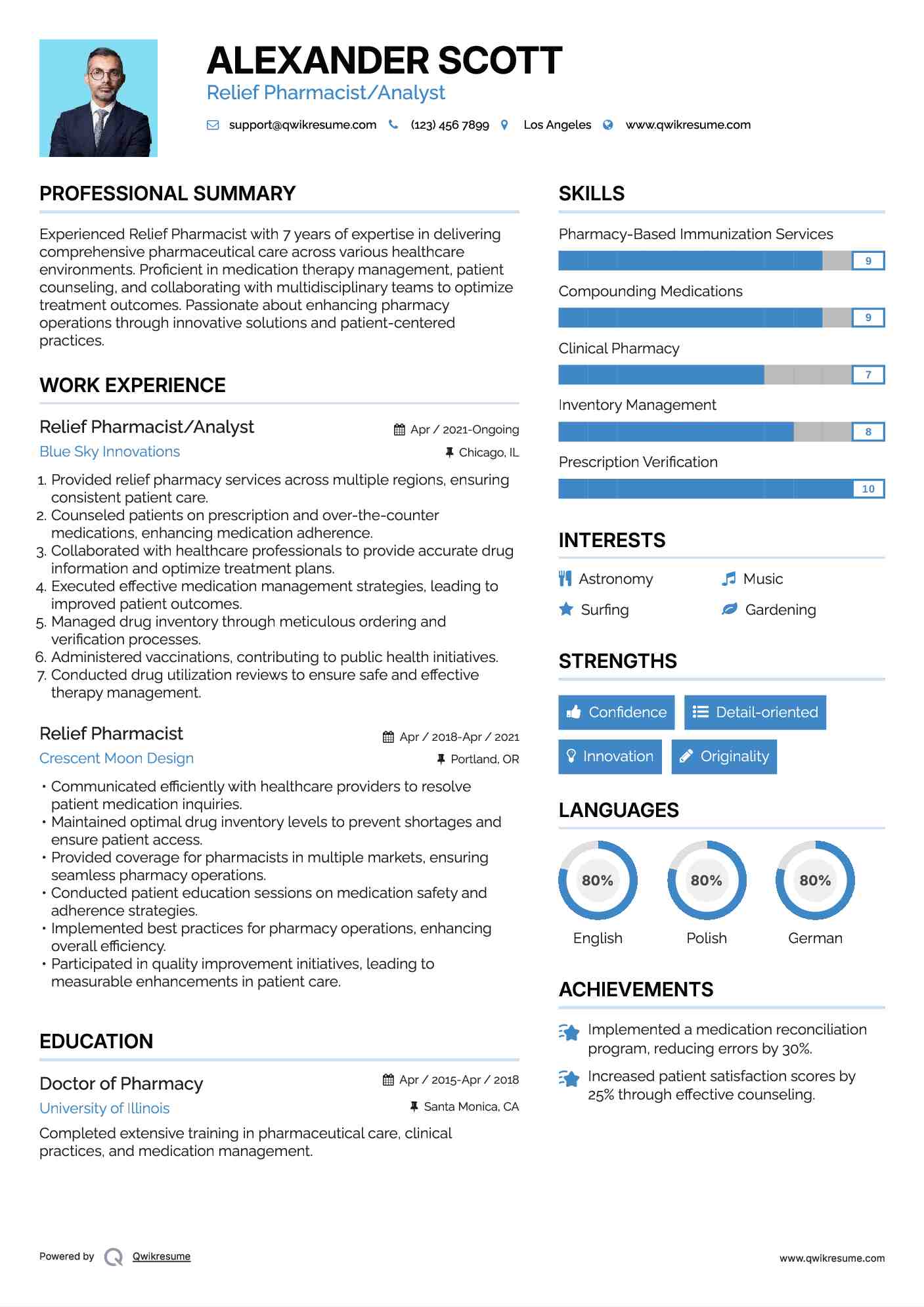 Relief Pharmacist/Analyst Resume Sample