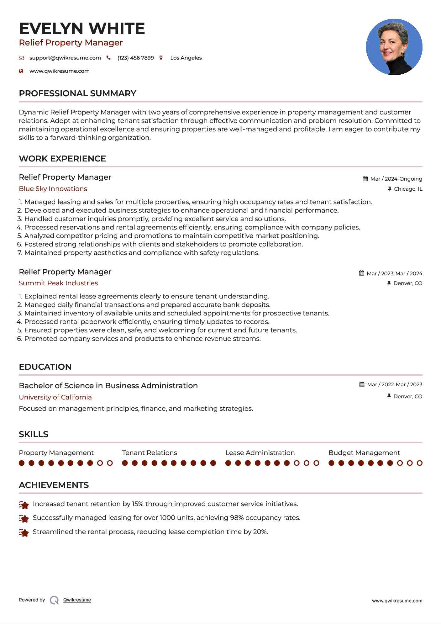 Relief Property Manager Resume Example