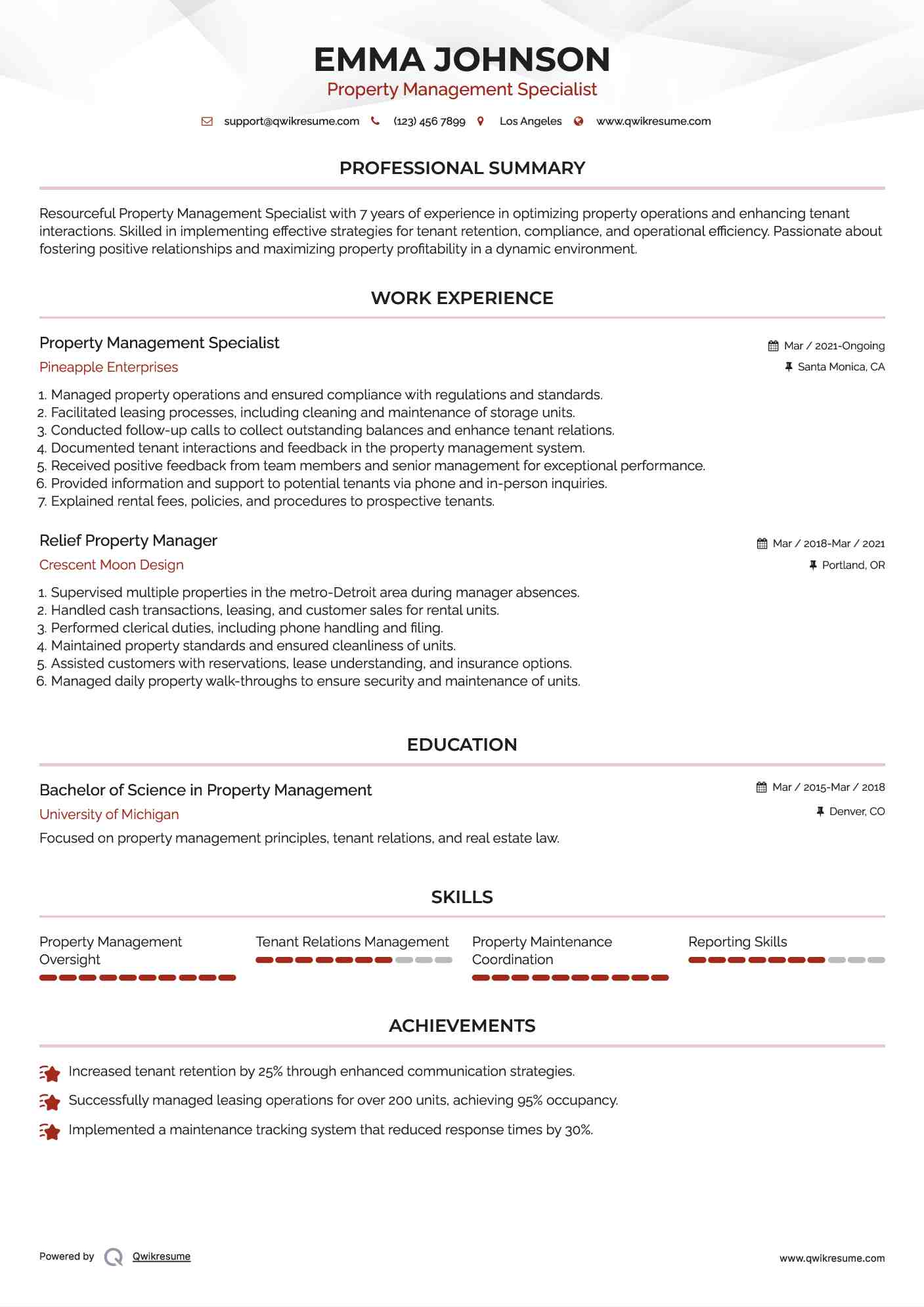 Property Management Specialist Resume Model