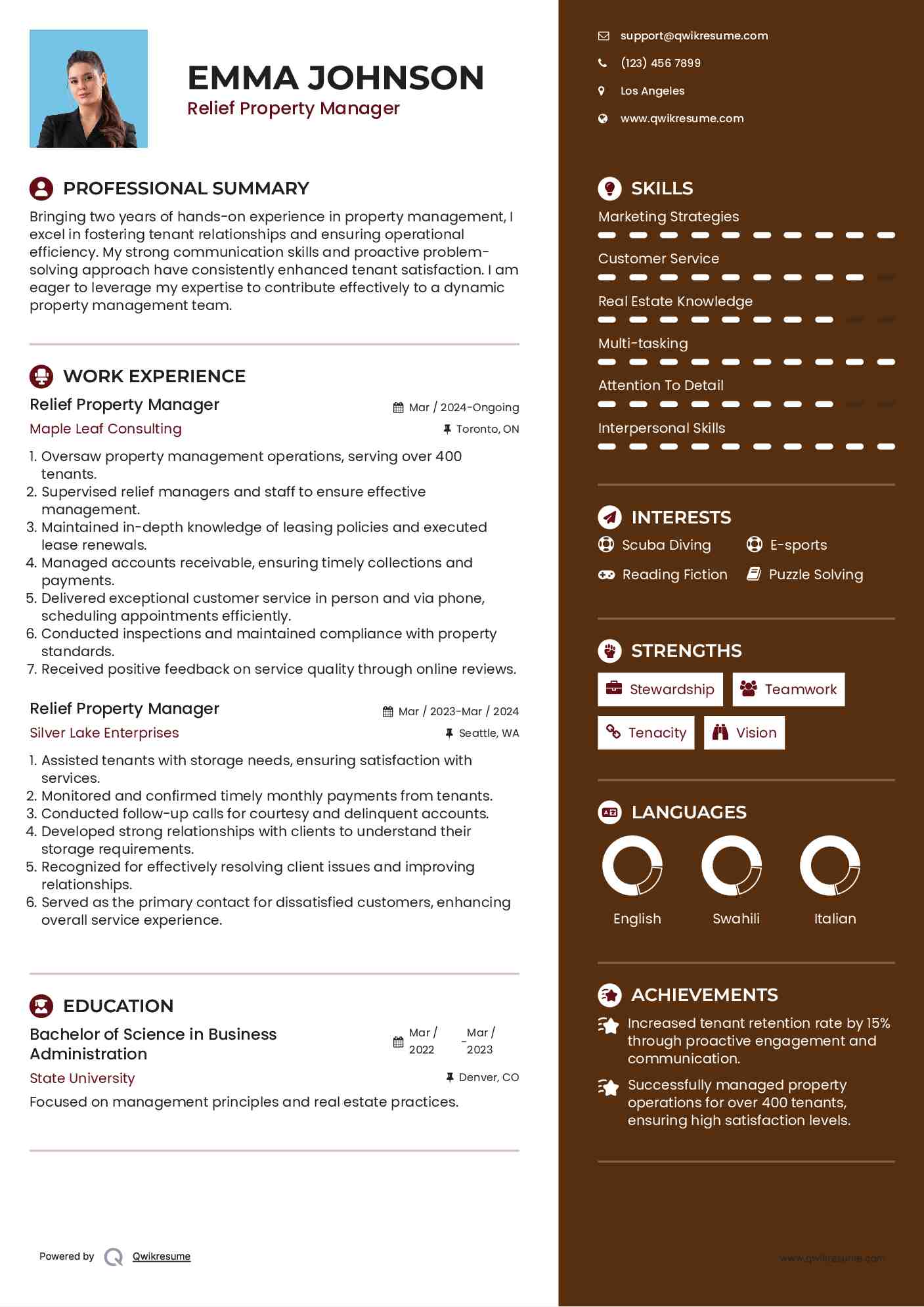 Relief Property Manager Resume Example