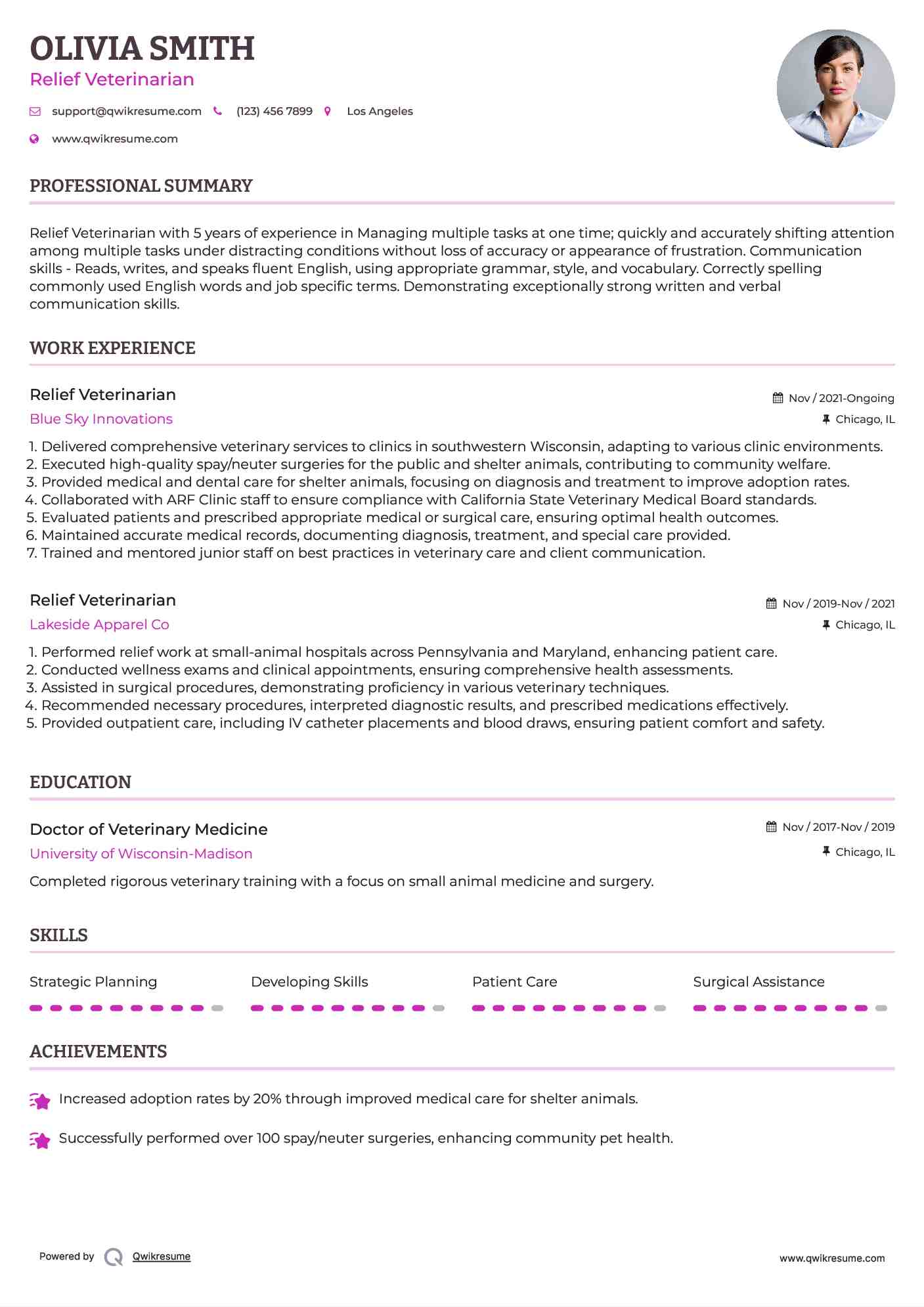 Relief Veterinarian Resume Sample