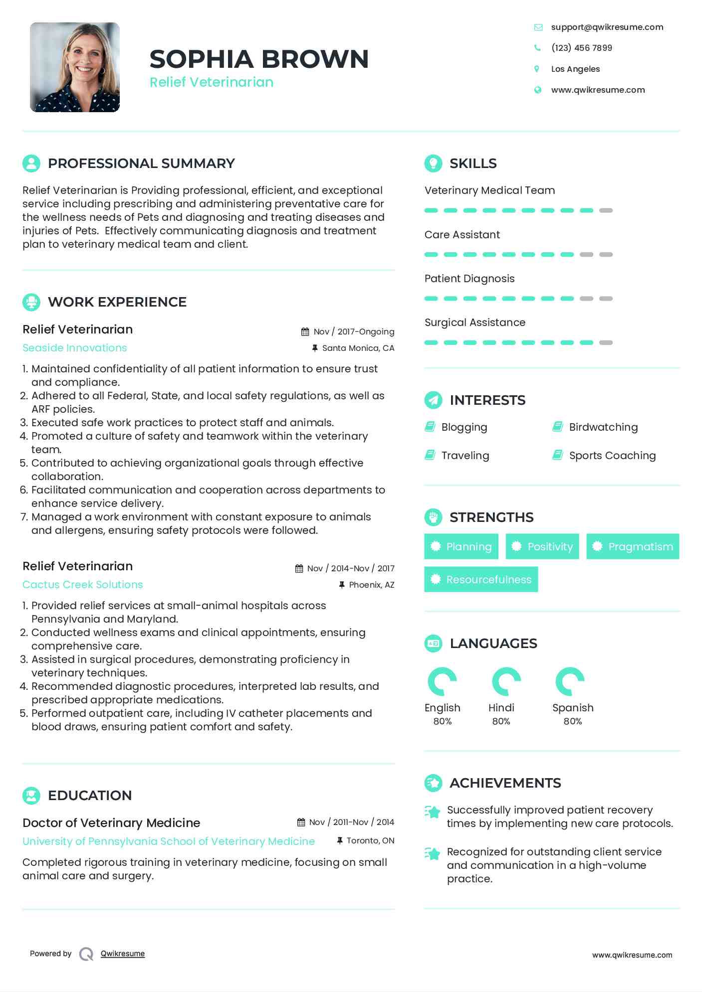 Relief Veterinarian Resume Format
