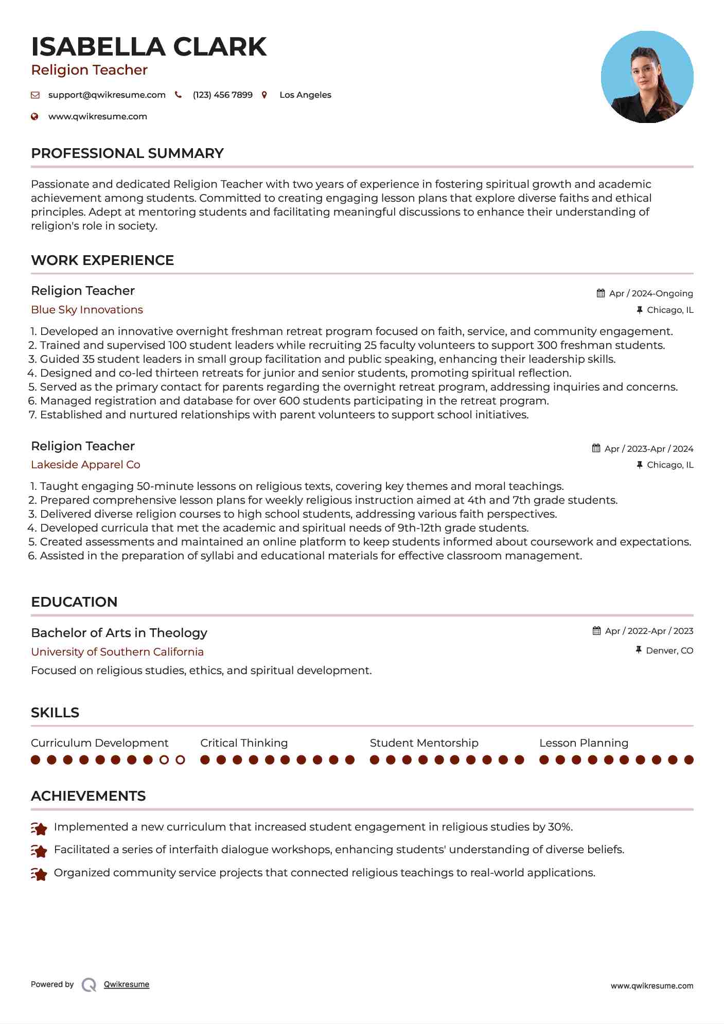Religion Teacher Resume Example