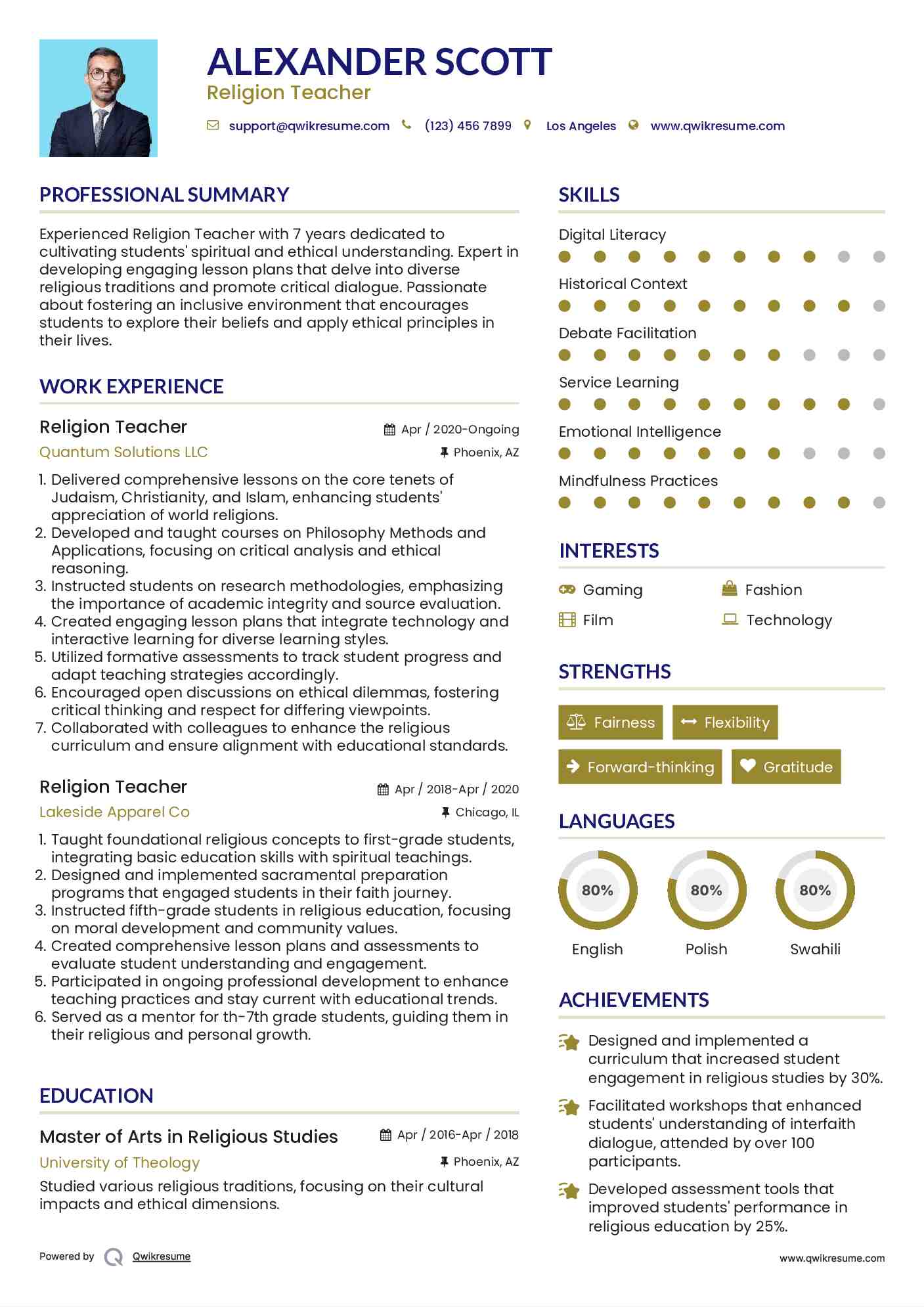 Religion Teacher Resume Sample