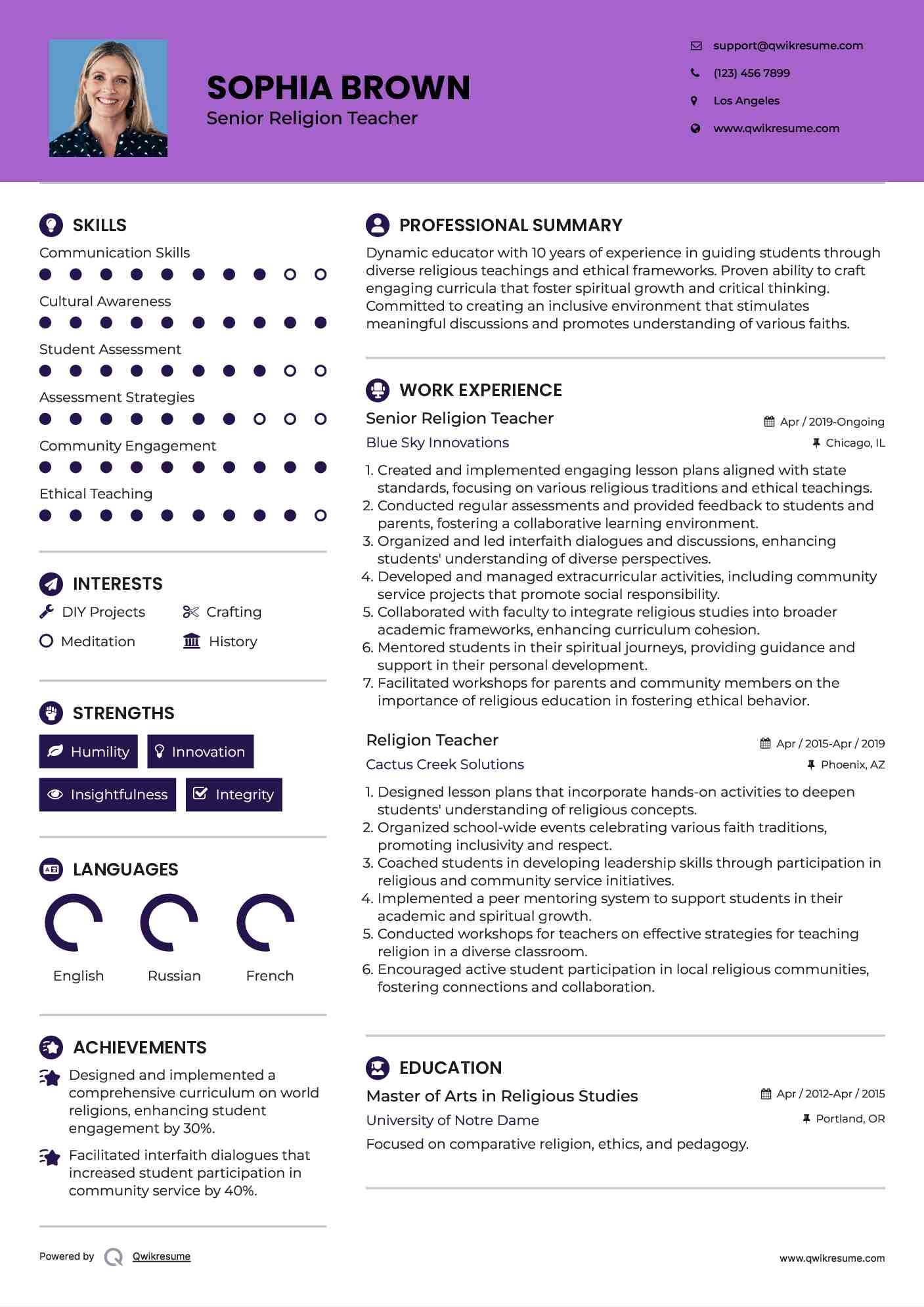 Senior Religion Teacher Resume Example