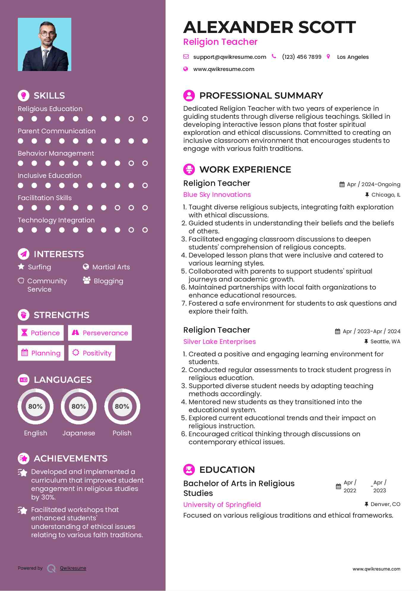 Religion Teacher Resume Template