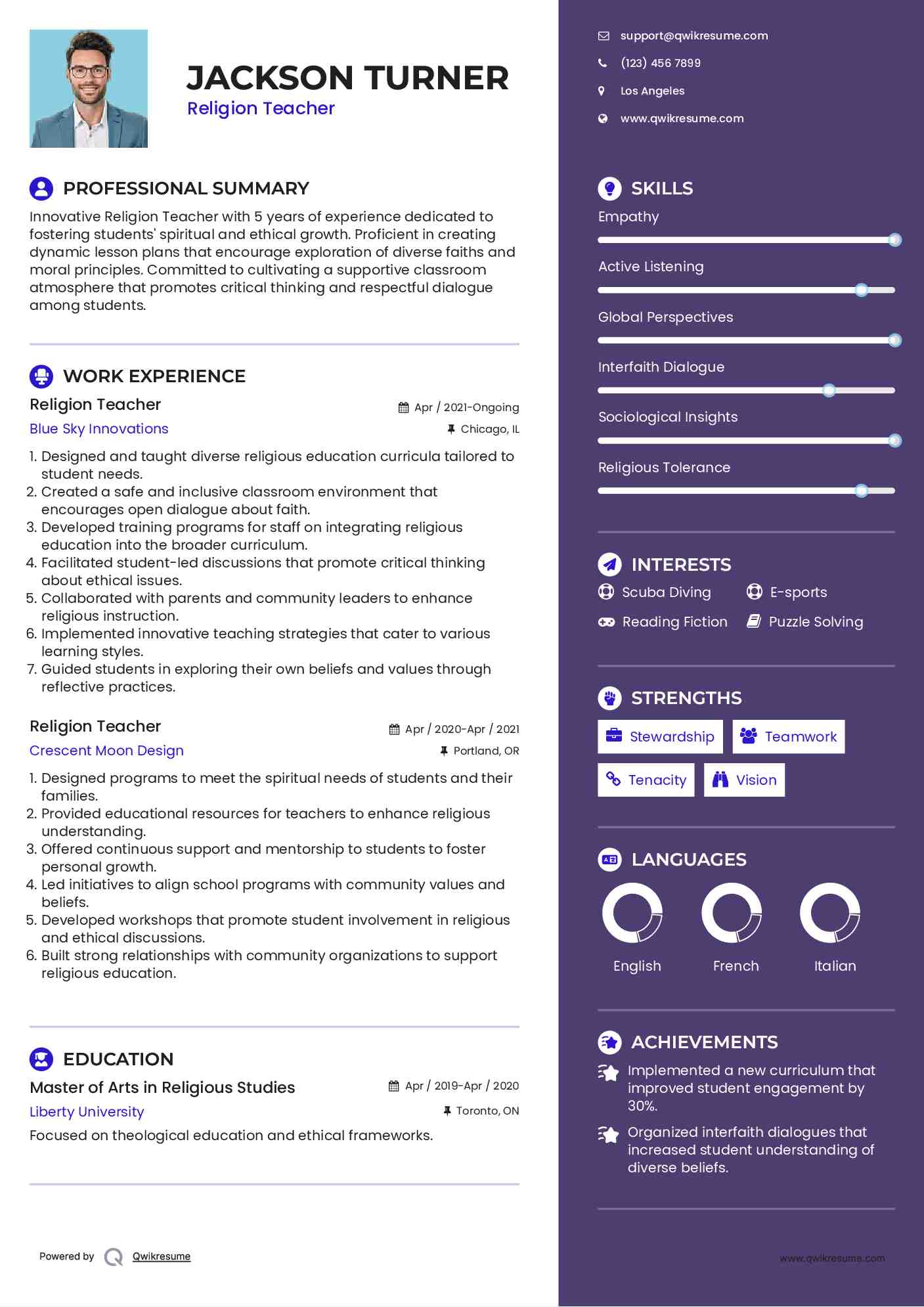 Religion Teacher Resume Sample