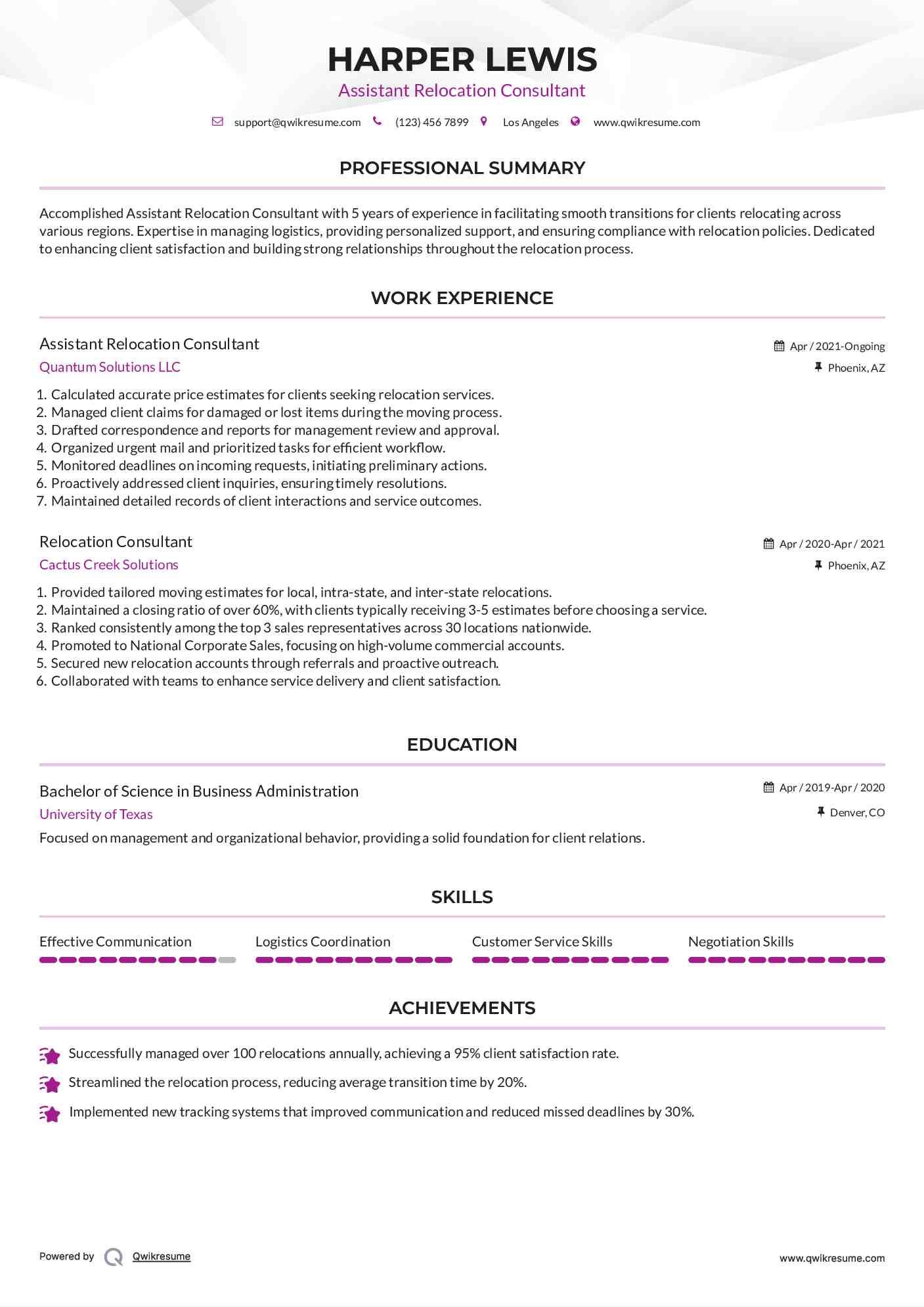 Assistant Relocation Consultant Resume Model