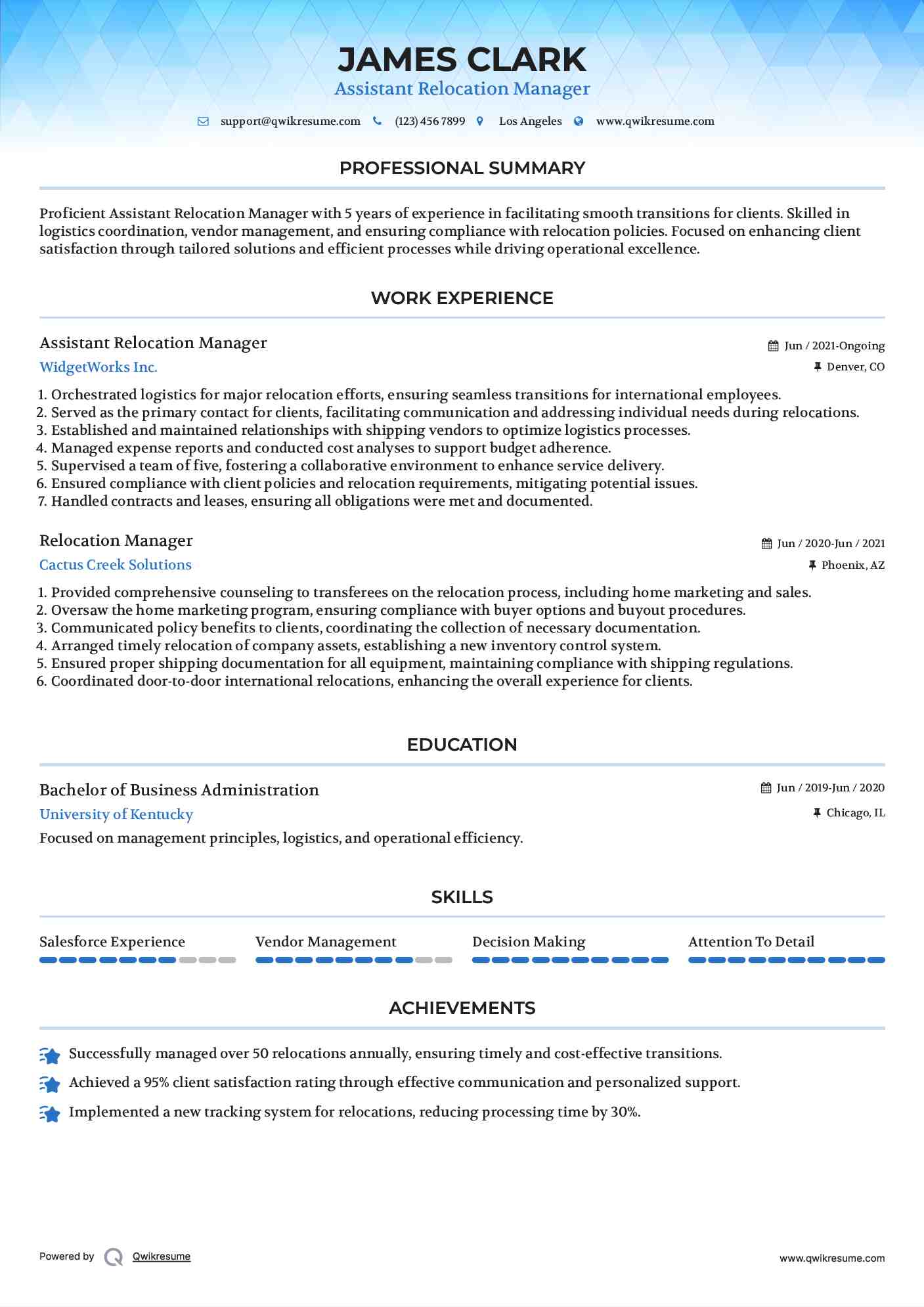 Assistant Relocation Manager Resume Format