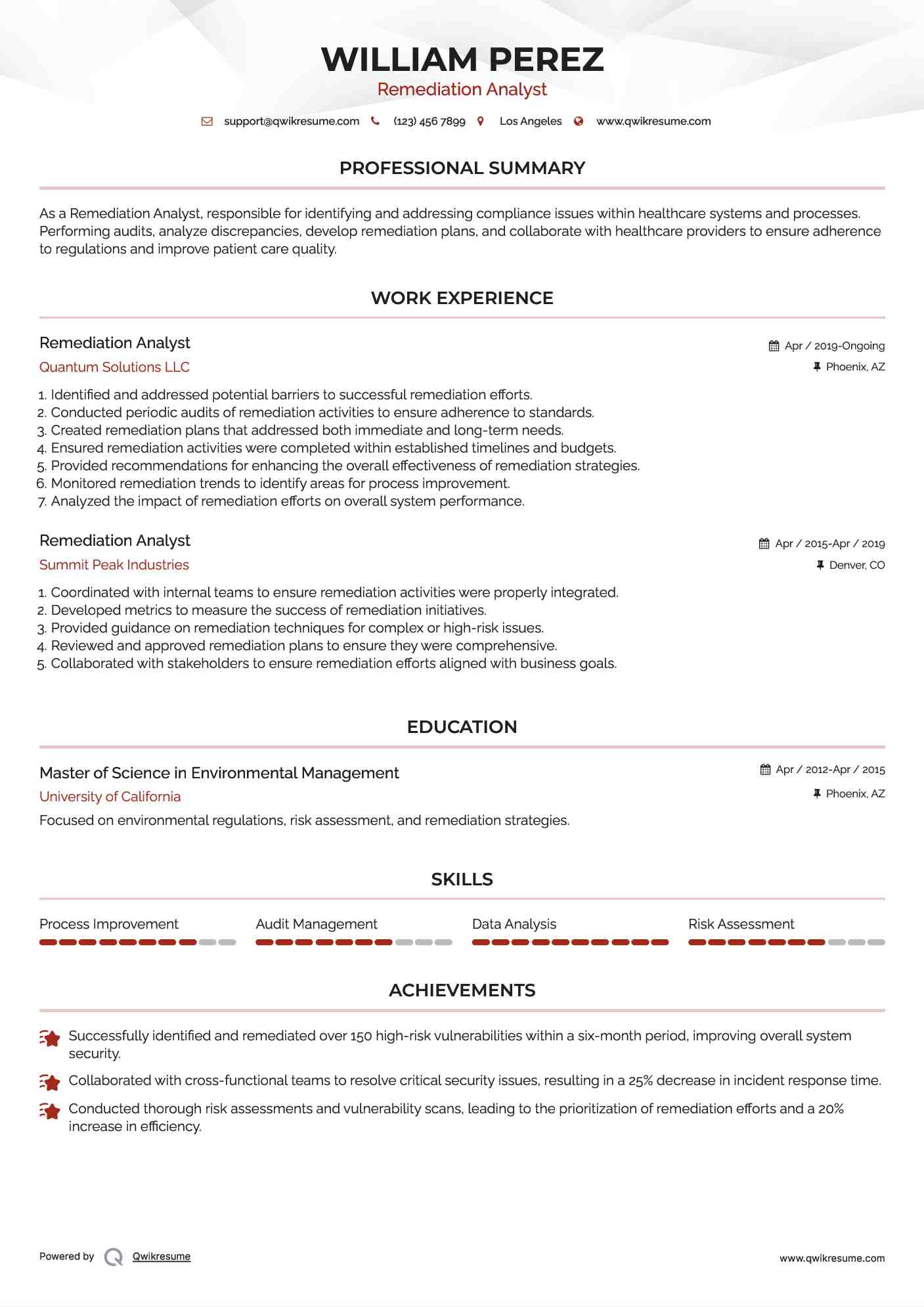 Remediation Analyst Resume Example
