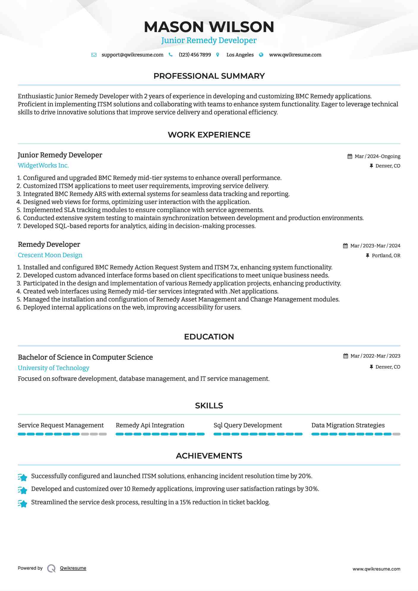 Junior Remedy Developer Resume Model
