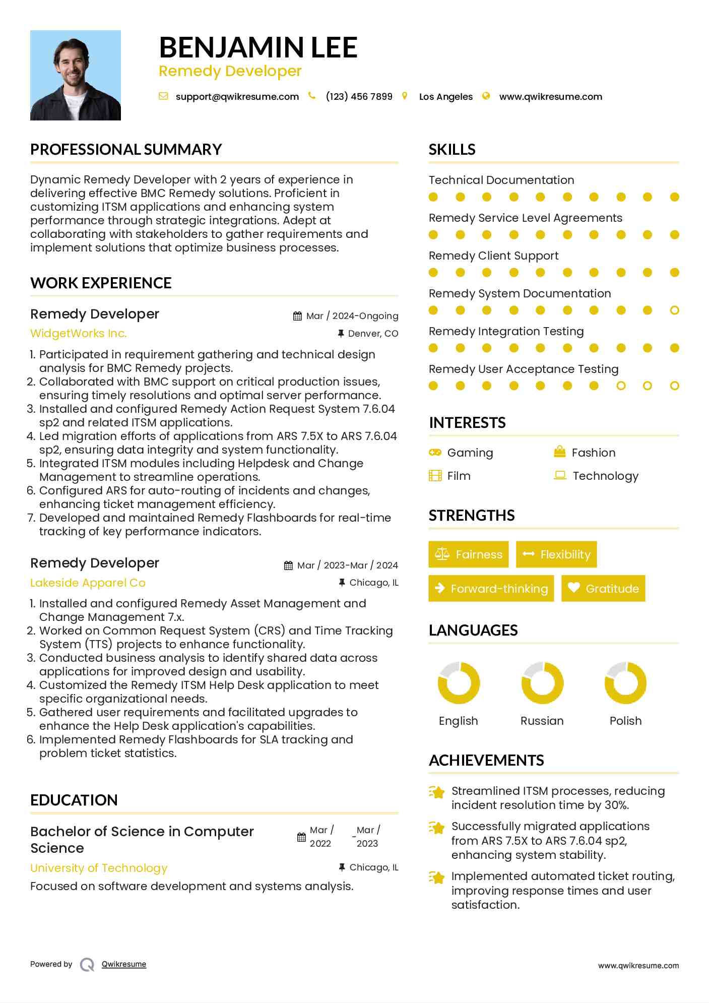 Remedy Developer Resume Example