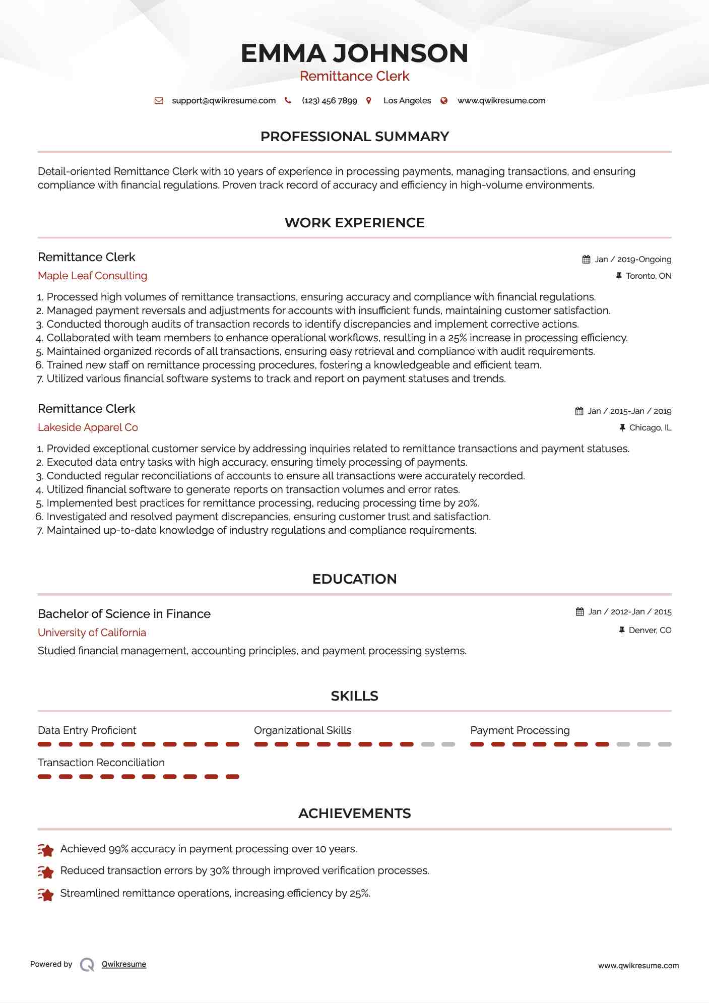 Remittance Clerk Resume Sample