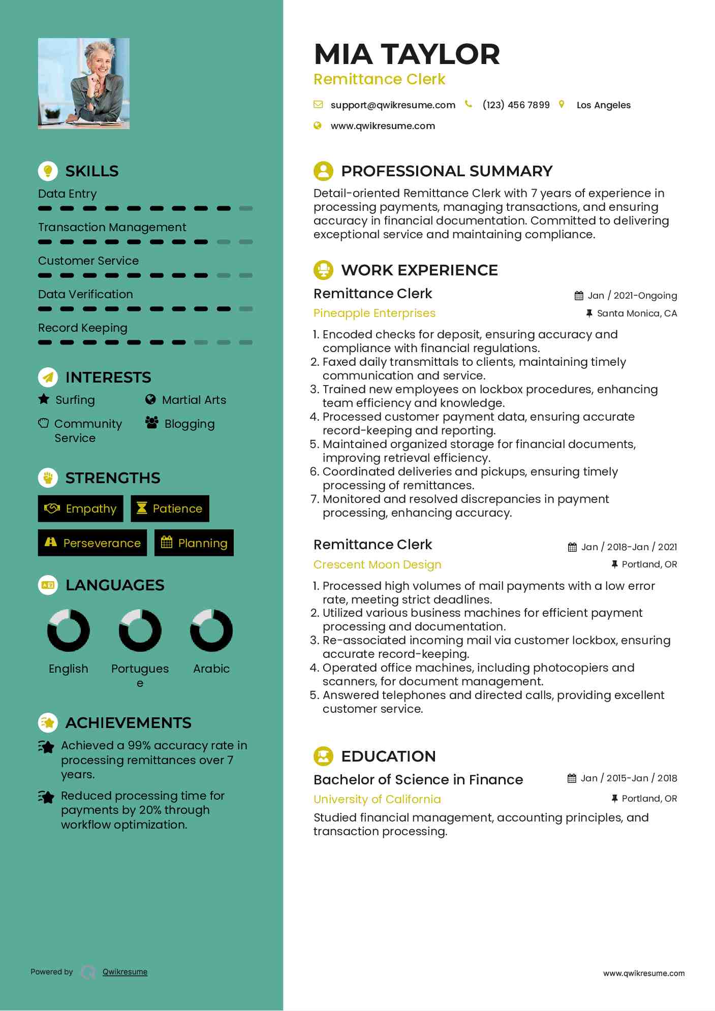 Remittance Clerk Resume Example