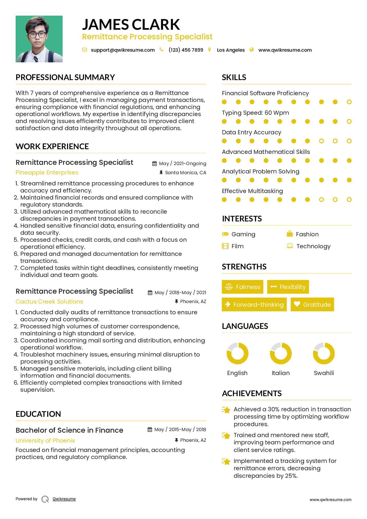 Remittance Processing Specialist Resume Sample