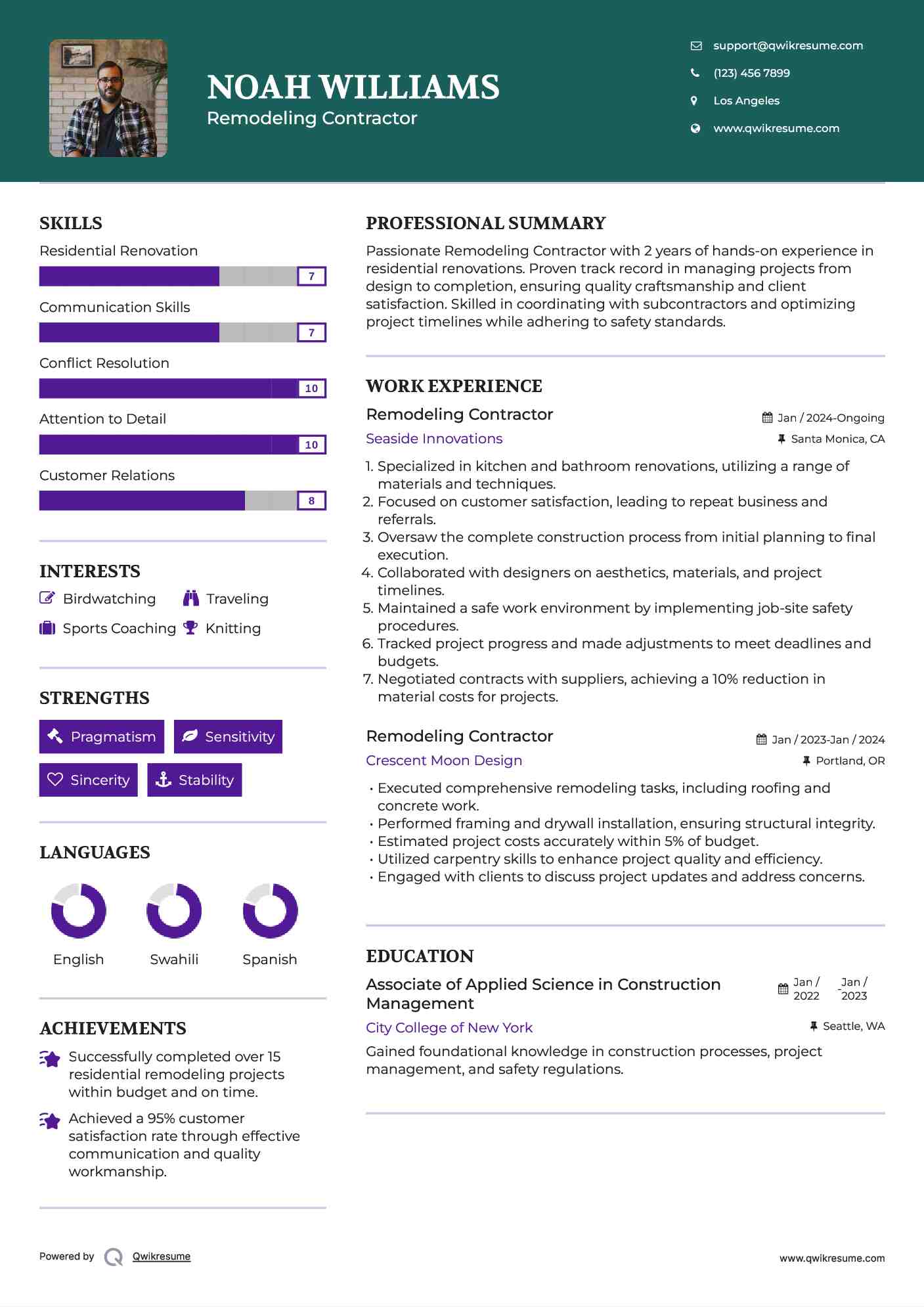 Remodeling Contractor Resume Sample