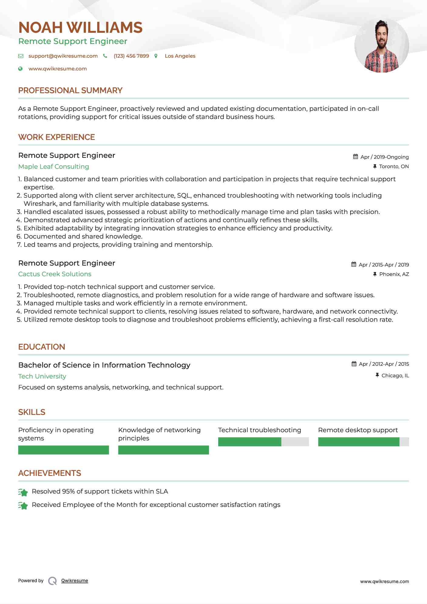 Remote Support Engineer Resume Format