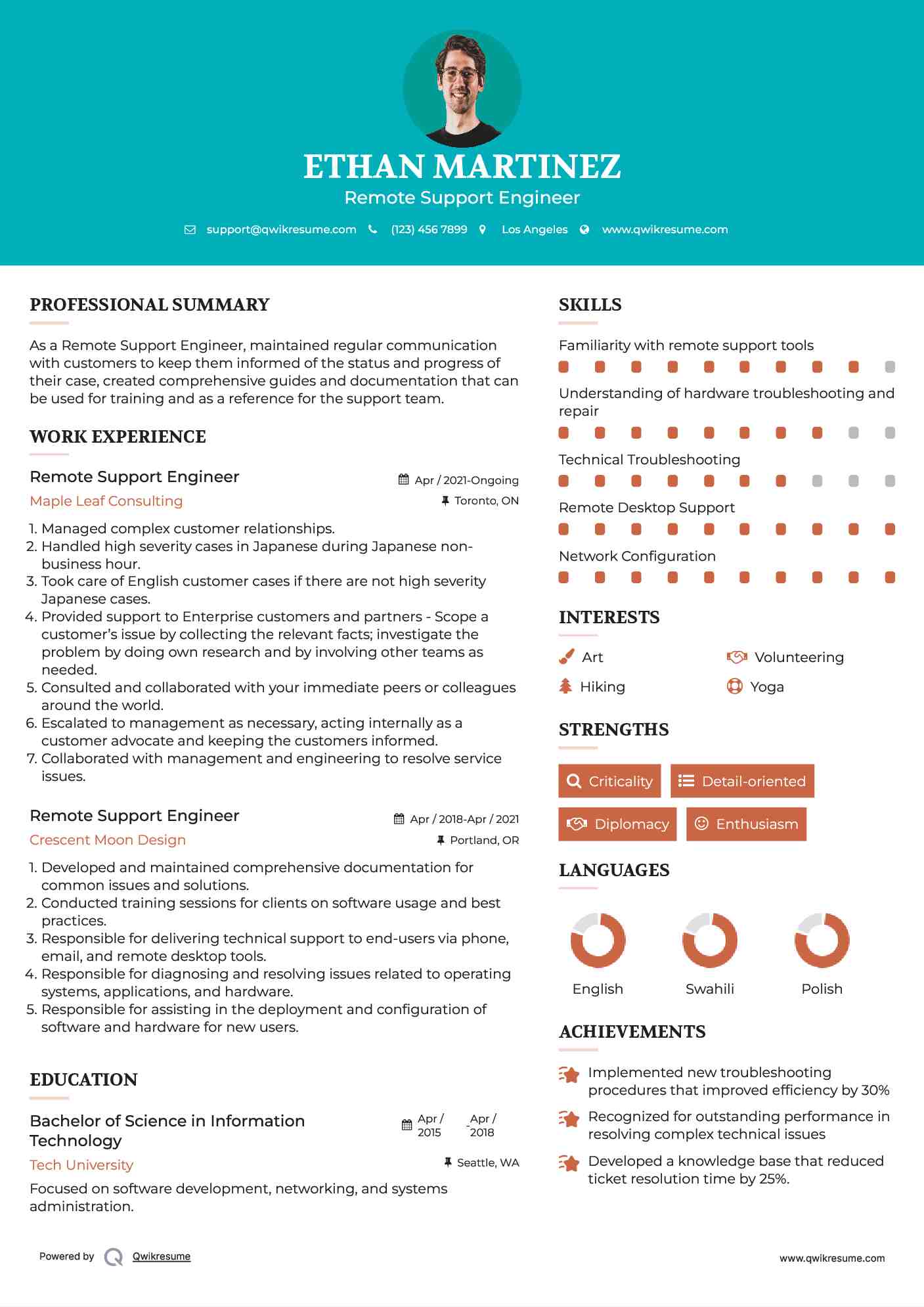 Remote Support Engineer Resume Sample